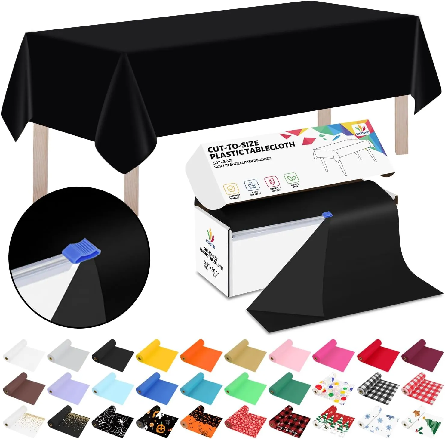 CXPSINC 54 Inch X 300 Feet Plastic Table Cover Roll Disposable Tablecloth with Slide Cutter for All Type/Shape Tables | Picnic, Party, Banquet, Birthdays, Weddings (Black, 300 Feet)