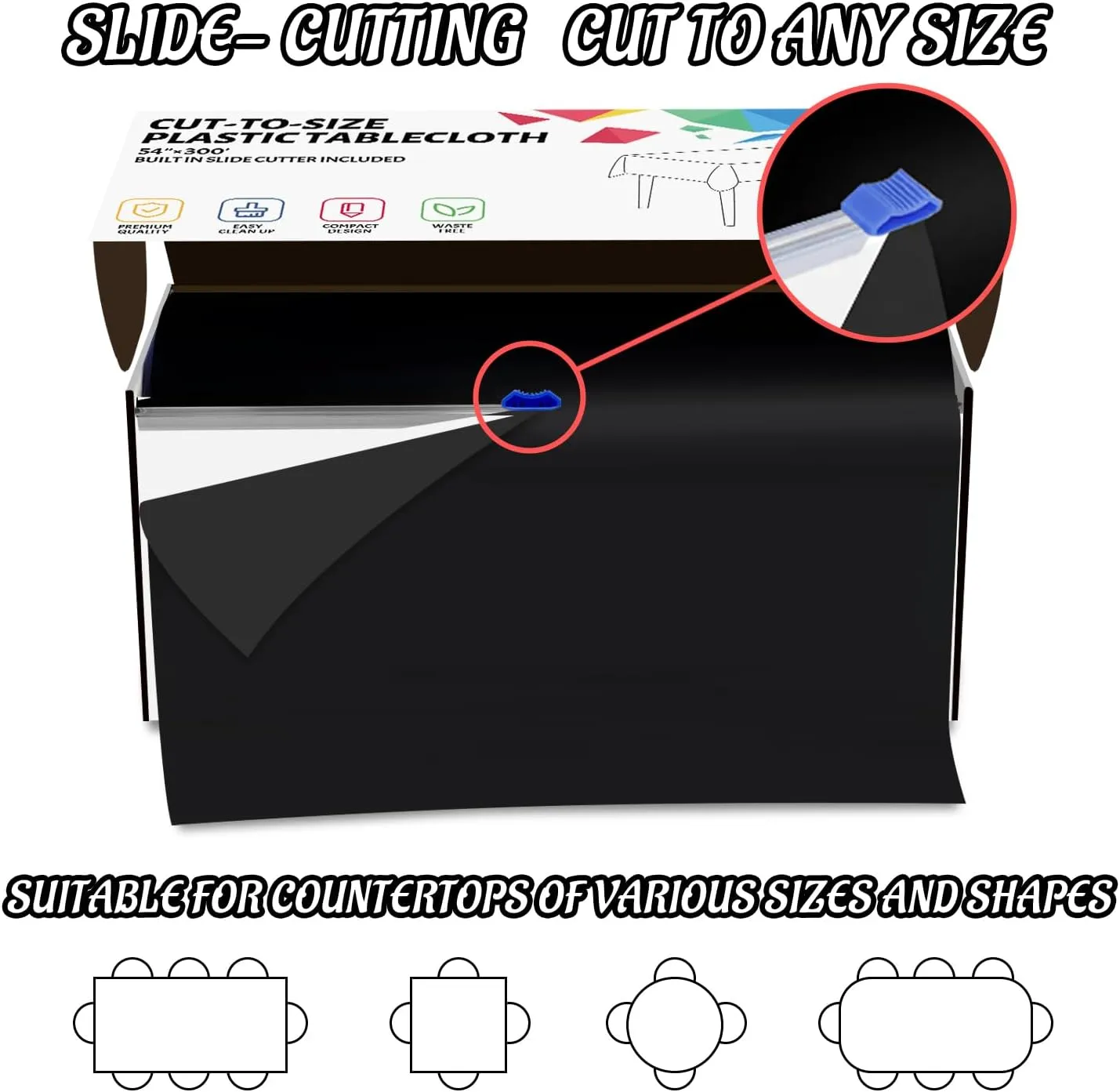 CXPSINC 54 Inch X 300 Feet Plastic Table Cover Roll Disposable Tablecloth with Slide Cutter for All Type/Shape Tables | Picnic, Party, Banquet, Birthdays, Weddings (Black, 300 Feet)