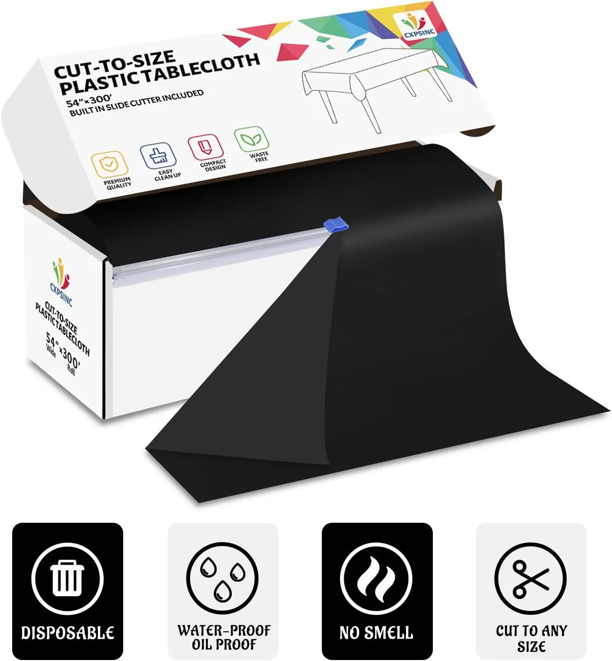 CXPSINC 54 Inch X 300 Feet Plastic Table Cover Roll Disposable Tablecloth with Slide Cutter for All Type/Shape Tables | Picnic, Party, Banquet, Birthdays, Weddings (Black, 300 Feet)