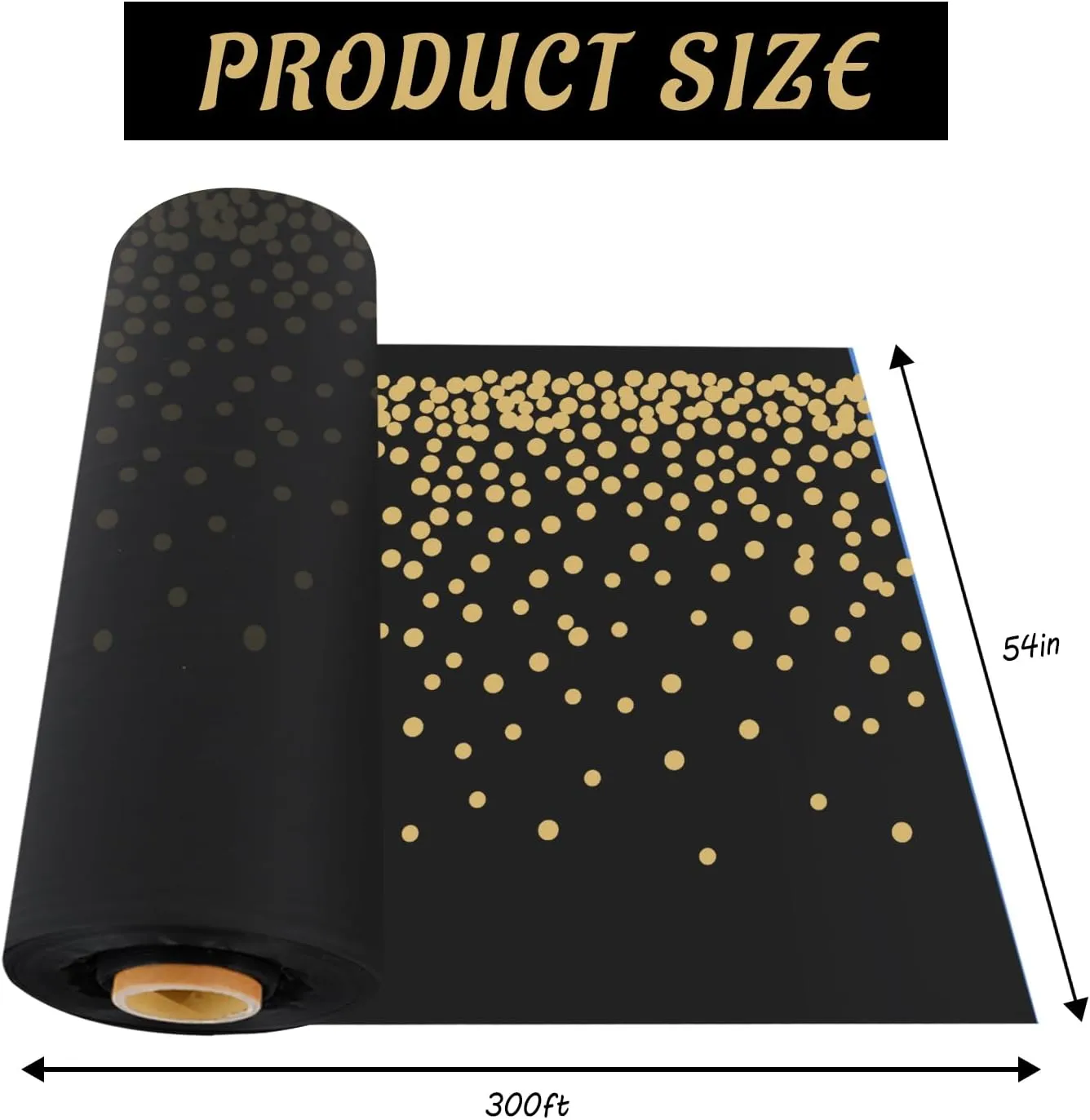 CXPSINC 54 Inch X 300 Feet Plastic Table Cover Roll Disposable Tablecloth with Slide Cutter for All Type/Shape Tables | Picnic, Party, Banquet, Birthdays, Weddings (Black & Gold Dot, 300 Feet)