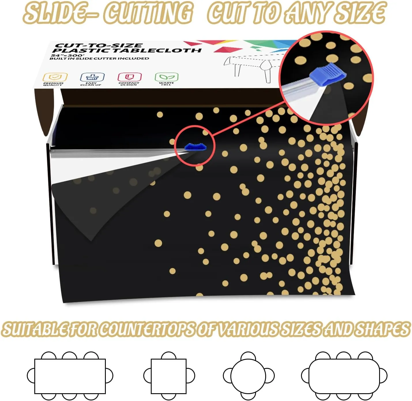 CXPSINC 54 Inch X 300 Feet Plastic Table Cover Roll Disposable Tablecloth with Slide Cutter for All Type/Shape Tables | Picnic, Party, Banquet, Birthdays, Weddings (Black & Gold Dot, 300 Feet)