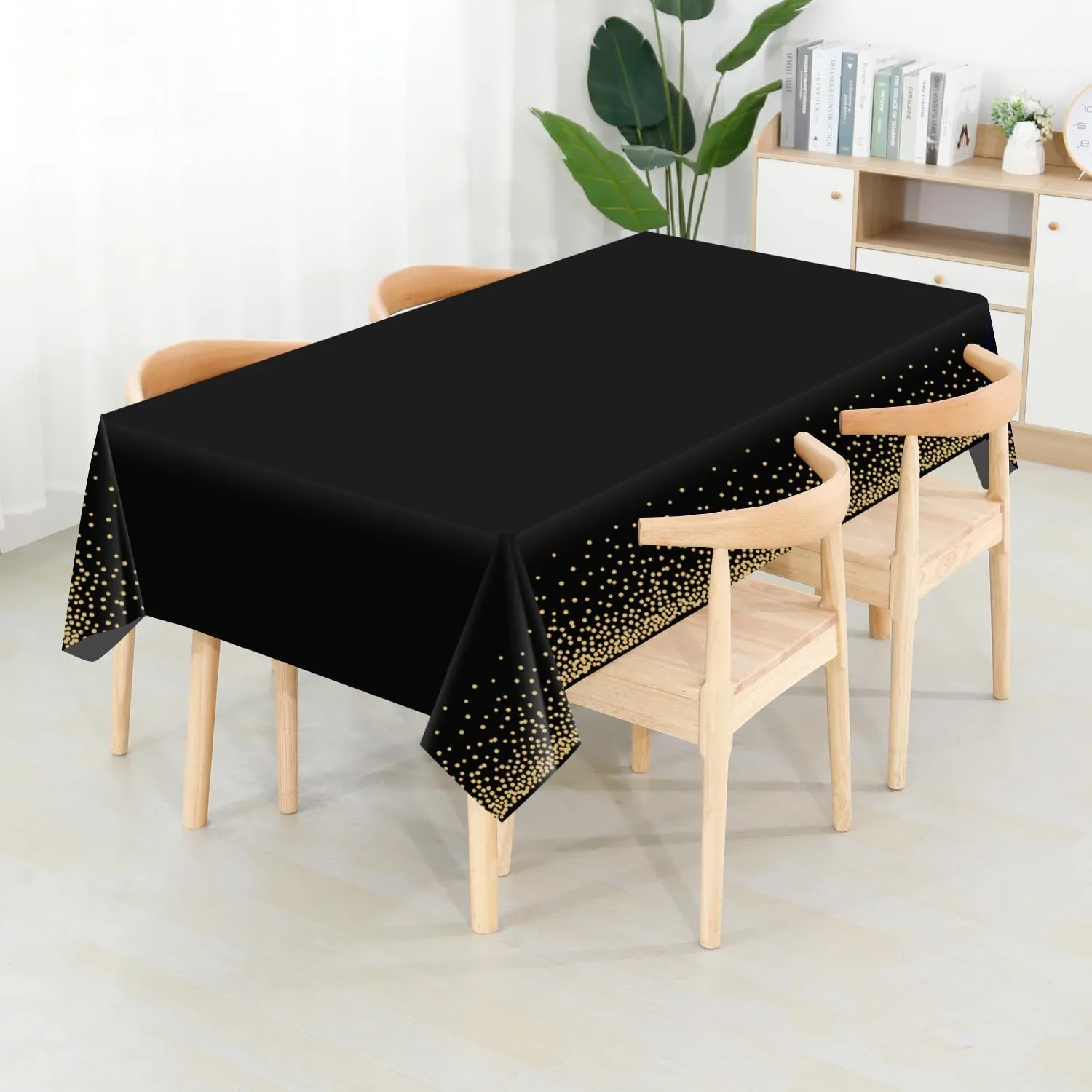CXPSINC 54 Inch X 300 Feet Plastic Table Cover Roll Disposable Tablecloth with Slide Cutter for All Type/Shape Tables | Picnic, Party, Banquet, Birthdays, Weddings (Black & Gold Dot, 300 Feet)