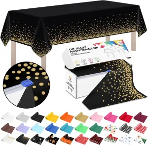 CXPSINC 54 Inch X 300 Feet Plastic Table Cover Roll Disposable Tablecloth with Slide Cutter for All Type/Shape Tables | Picnic, Party, Banquet, Birthdays, Weddings (Black & Gold Dot, 300 Feet)