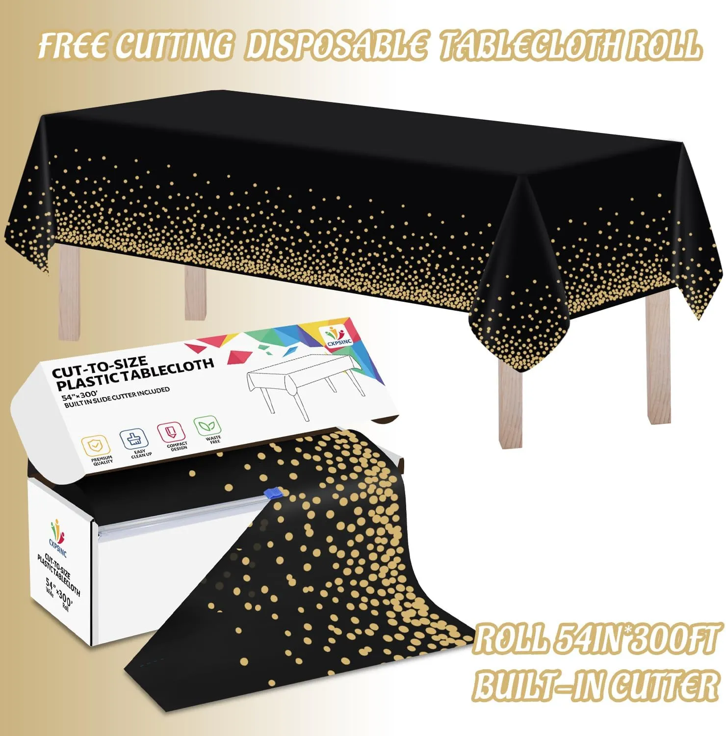 CXPSINC 54 Inch X 300 Feet Plastic Table Cover Roll Disposable Tablecloth with Slide Cutter for All Type/Shape Tables | Picnic, Party, Banquet, Birthdays, Weddings (Black & Gold Dot, 300 Feet)