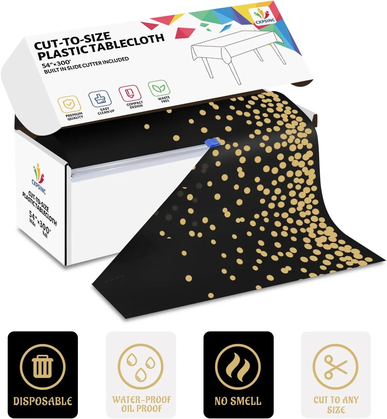 CXPSINC 54 Inch X 300 Feet Plastic Table Cover Roll Disposable Tablecloth with Slide Cutter for All Type/Shape Tables | Picnic, Party, Banquet, Birthdays, Weddings (Black & Gold Dot, 300 Feet)