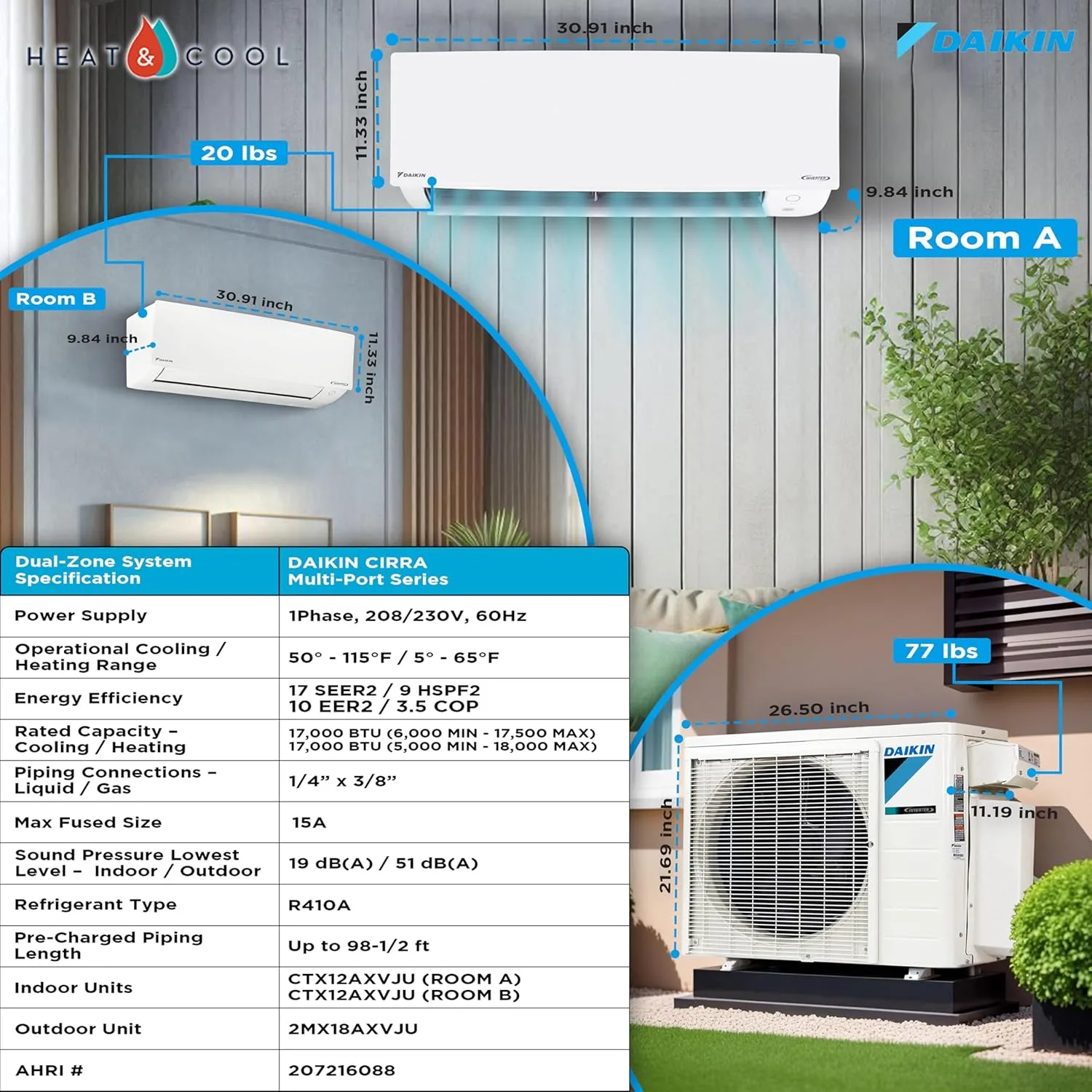 Daikin 2-Zone (12,000 BTU  12,000 BTU) CIRRA Series Mini Split Air Conditioner Heat Pump System with Maxwell 15 ft. Installation Kit and Wall Bracket