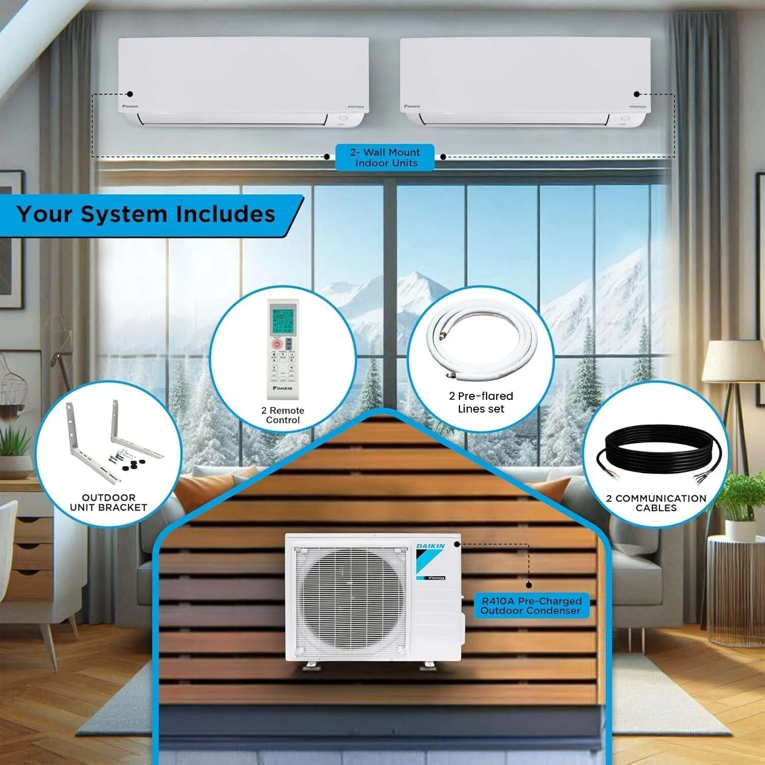 Daikin 2-Zone (12,000 BTU  12,000 BTU) CIRRA Series Mini Split Air Conditioner Heat Pump System with Maxwell 15 ft. Installation Kit and Wall Bracket