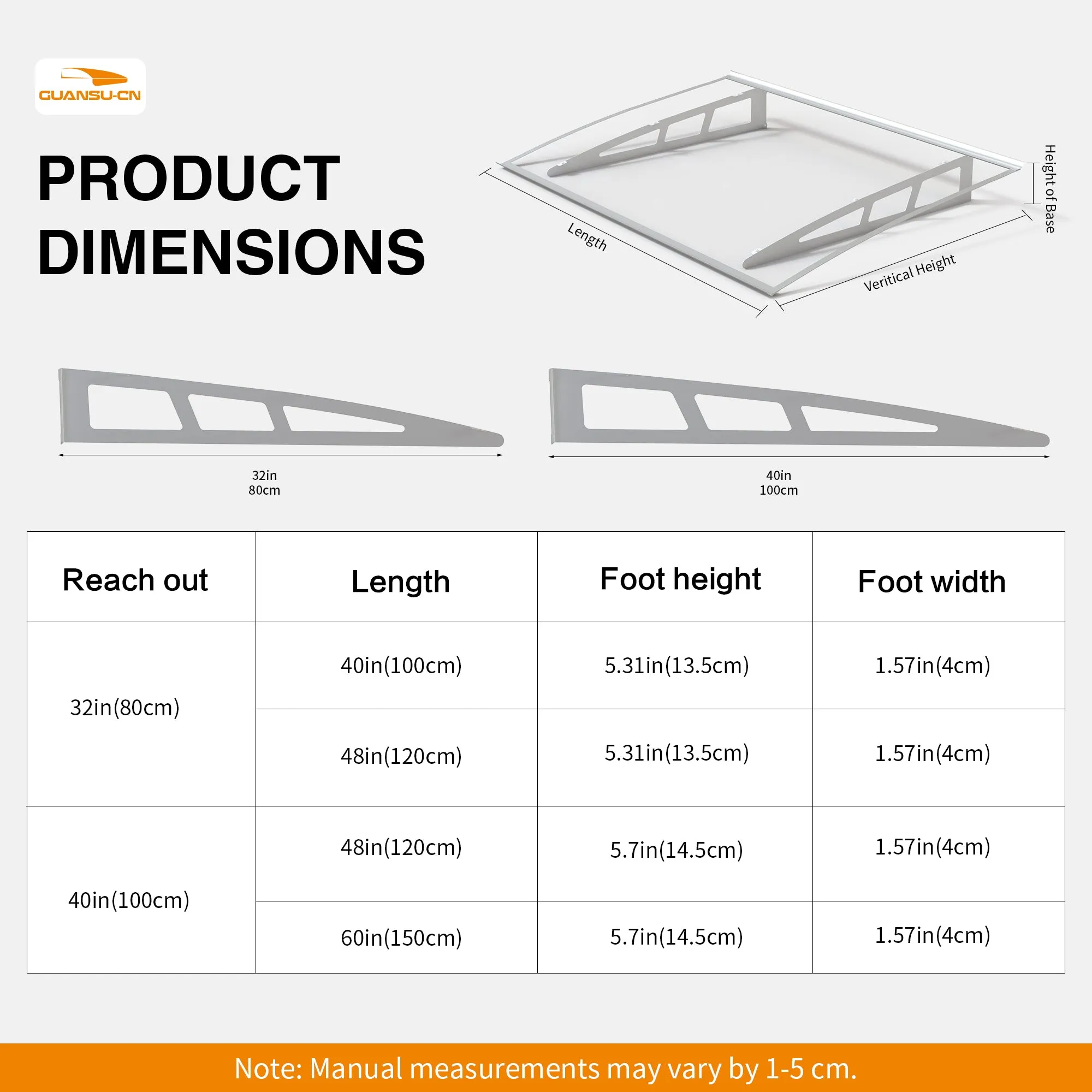 Dawninghome Metal Awnings Premium Quality Crystal Polycarbonate Door/Window Awnings Canopy Silver Brackets