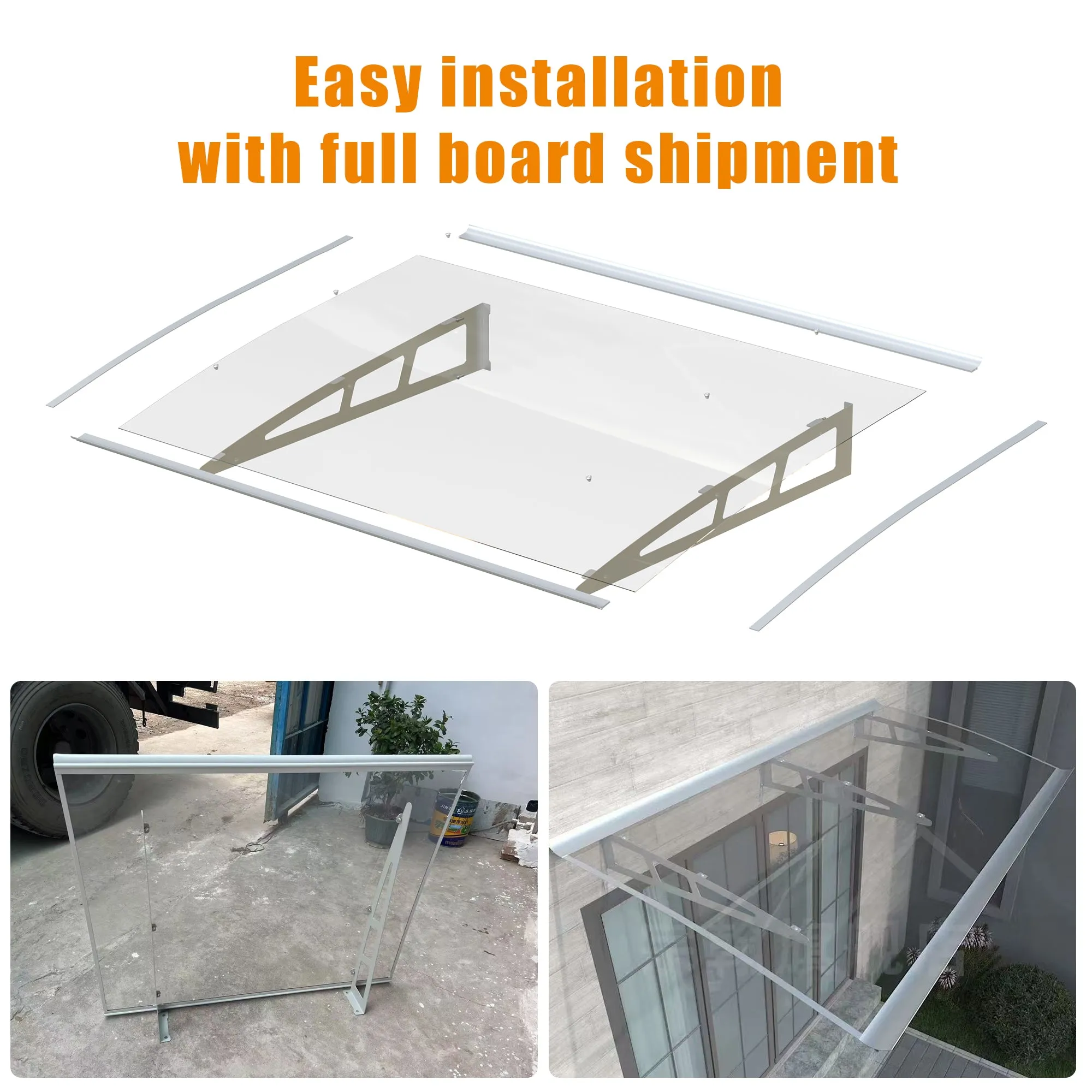 Dawninghome Metal Awnings Premium Quality Crystal Polycarbonate Door/Window Awnings Canopy Silver Brackets