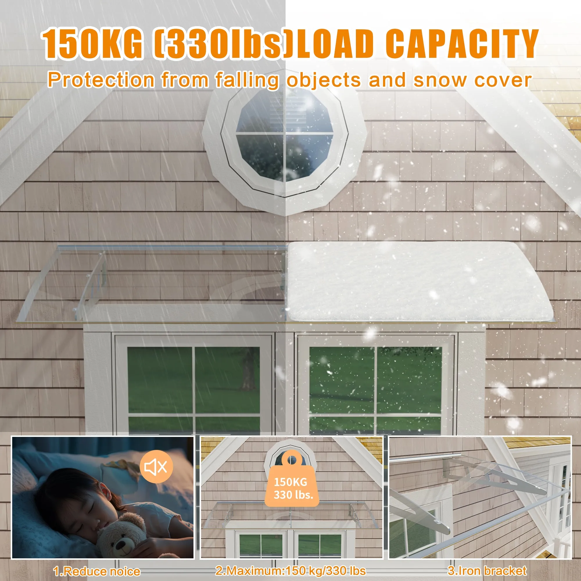 Dawninghome Metal Awnings Premium Quality Crystal Polycarbonate Door/Window Awnings Canopy Silver Brackets