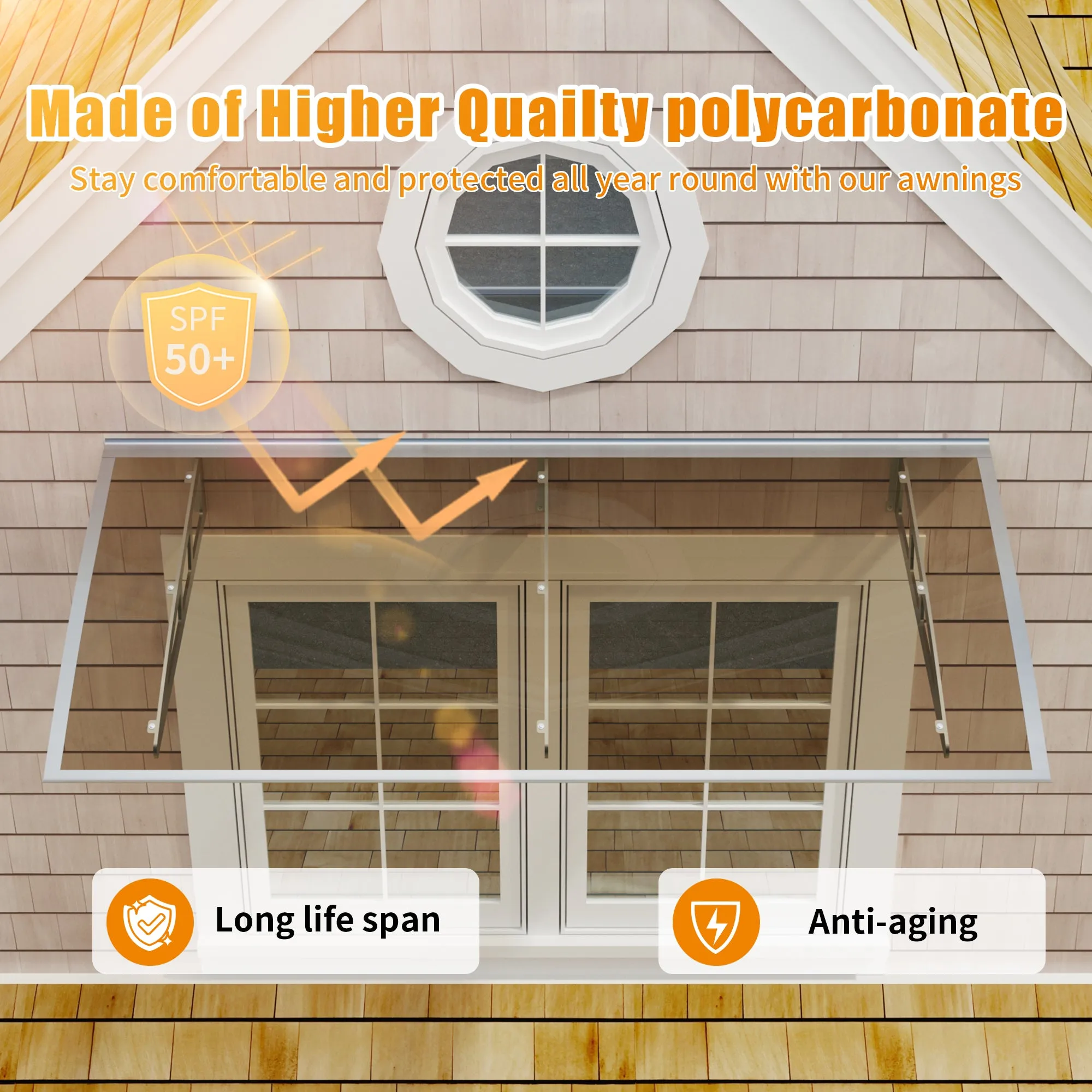 Dawninghome Metal Awnings Premium Quality Crystal Polycarbonate Door/Window Awnings Canopy Silver Brackets