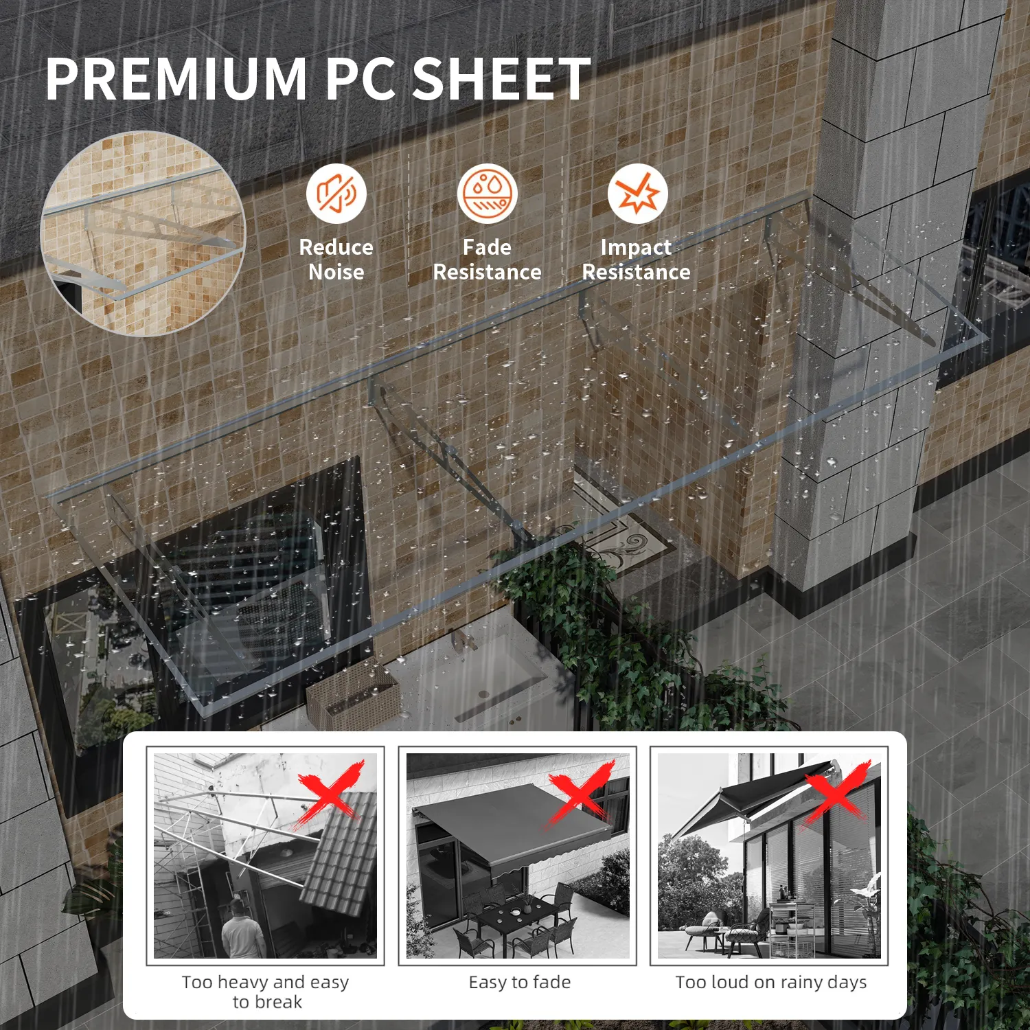 Dawninghome Metal Awnings Premium Quality Crystal Polycarbonate Door/Window Awnings Canopy Silver Brackets