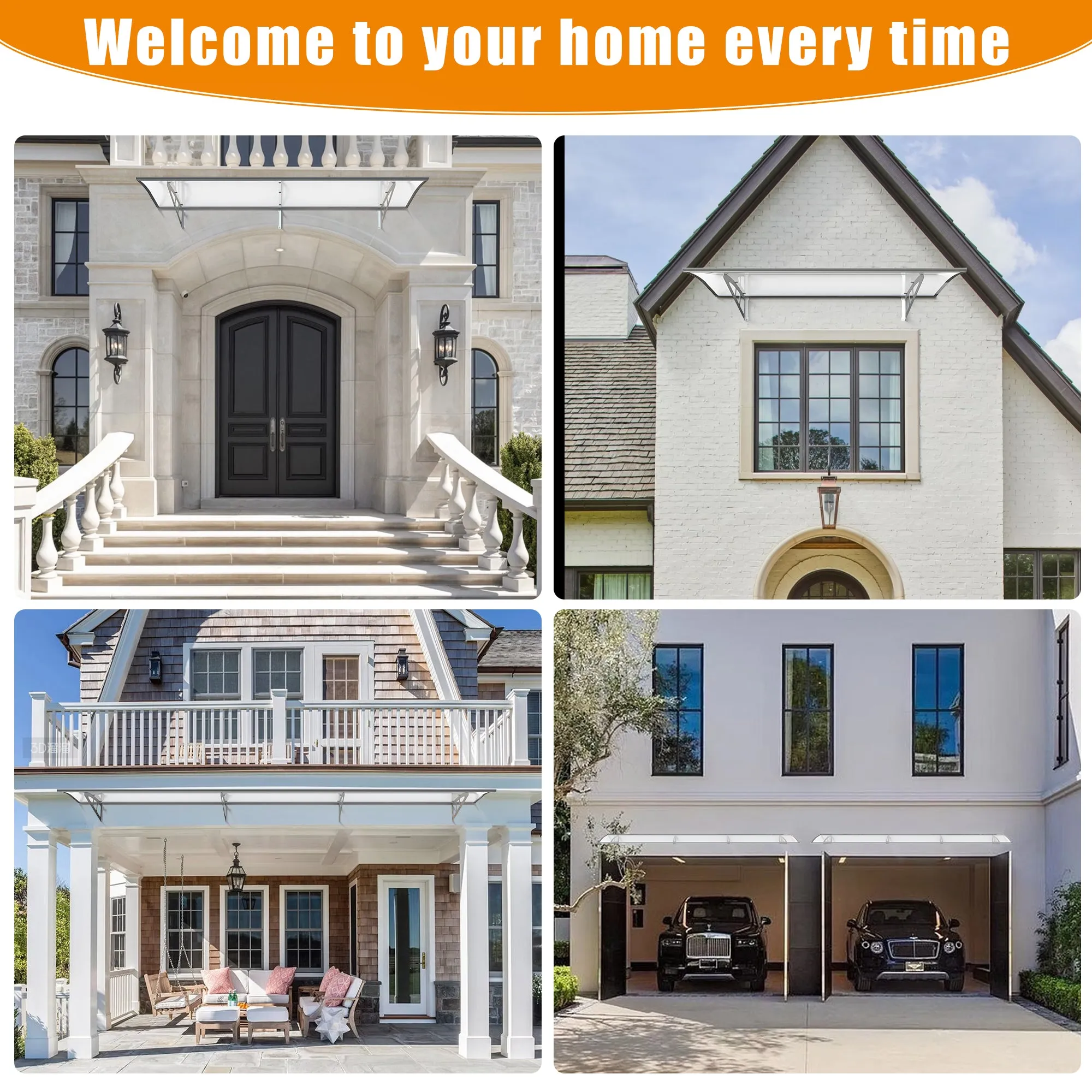 Dawninghome Metal Awnings Premium Quality Crystal Polycarbonate Door/Window Awnings Canopy Silver Brackets