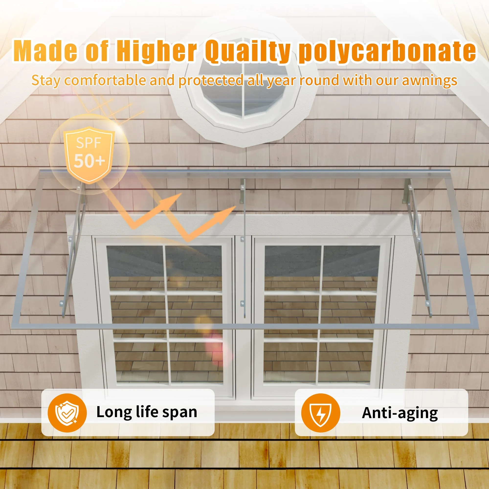 Dawninghome Metal Awnings Premium Quality Crystal Polycarbonate Door/Window Awnings Canopy Silver Brackets