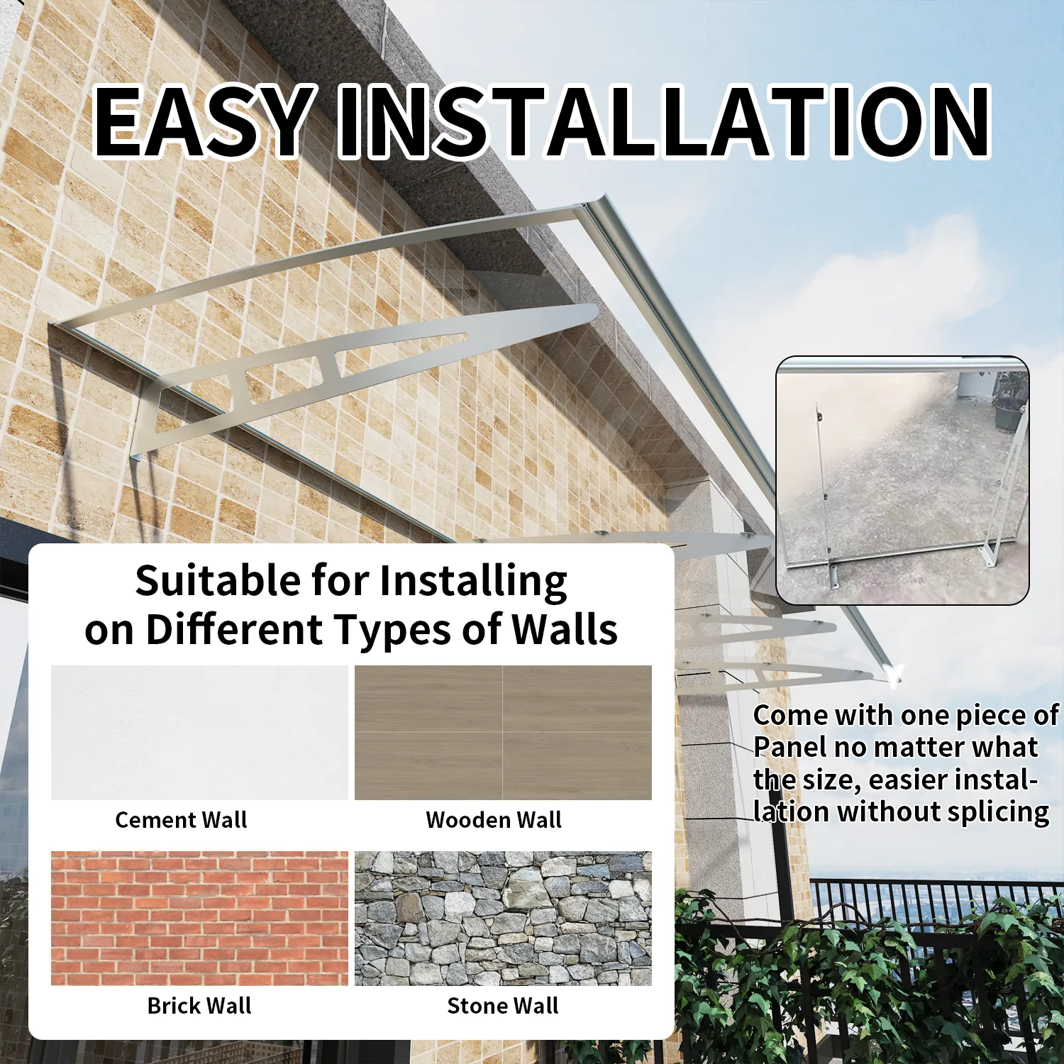 Dawninghome Metal Awnings Premium Quality Crystal Polycarbonate Door/Window Awnings Canopy Silver Brackets