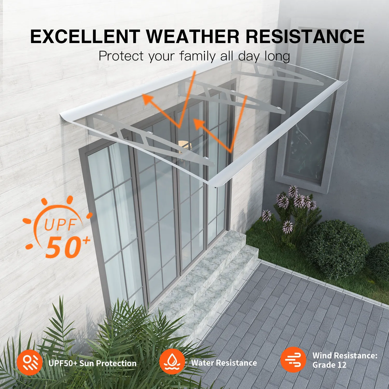 Dawninghome Metal Awnings Premium Quality Crystal Polycarbonate Door/Window Awnings Canopy Silver Brackets