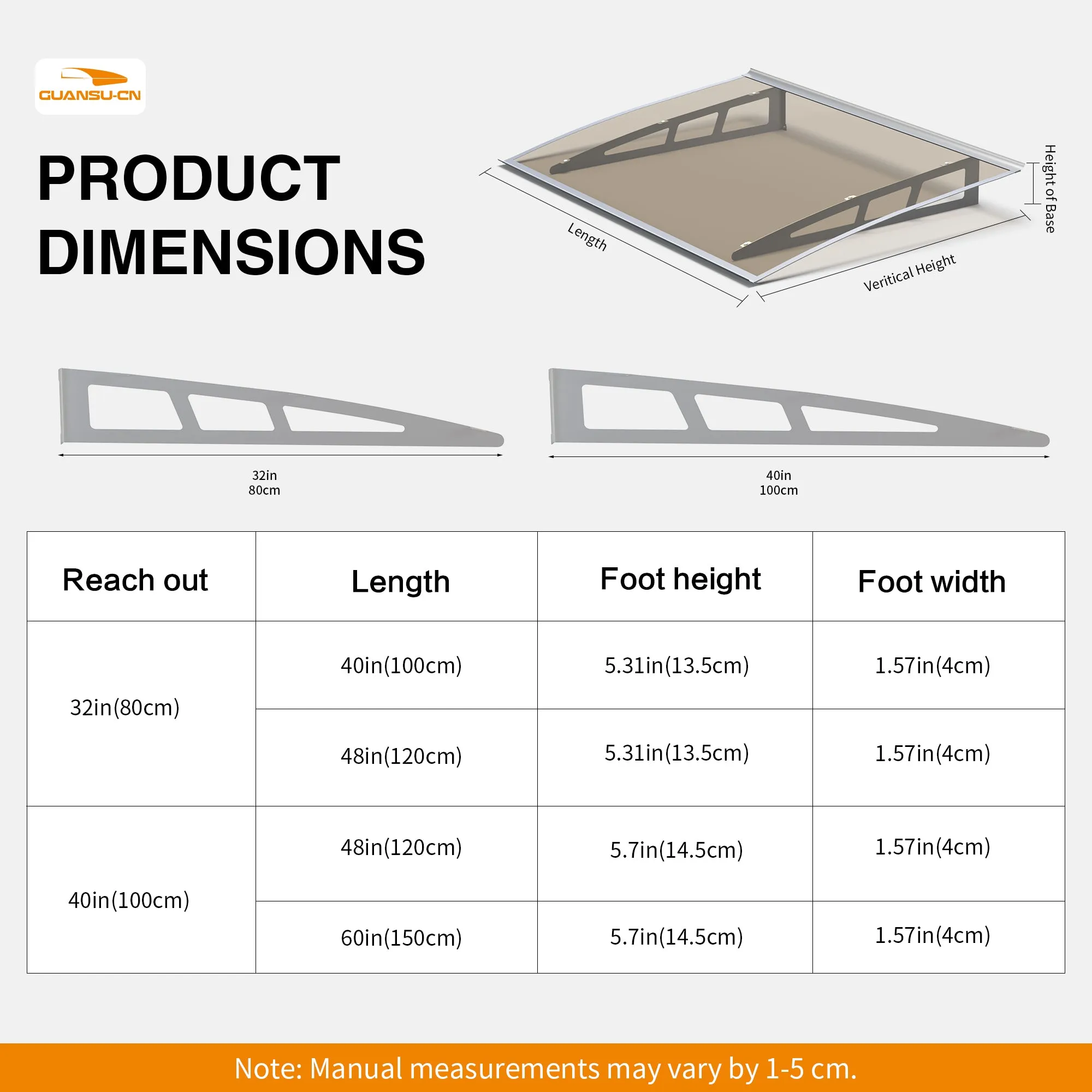 Dawninghome Metal Awnings Premium Quality Crystal Polycarbonate Door/Window Awnings Canopy Silver Brackets