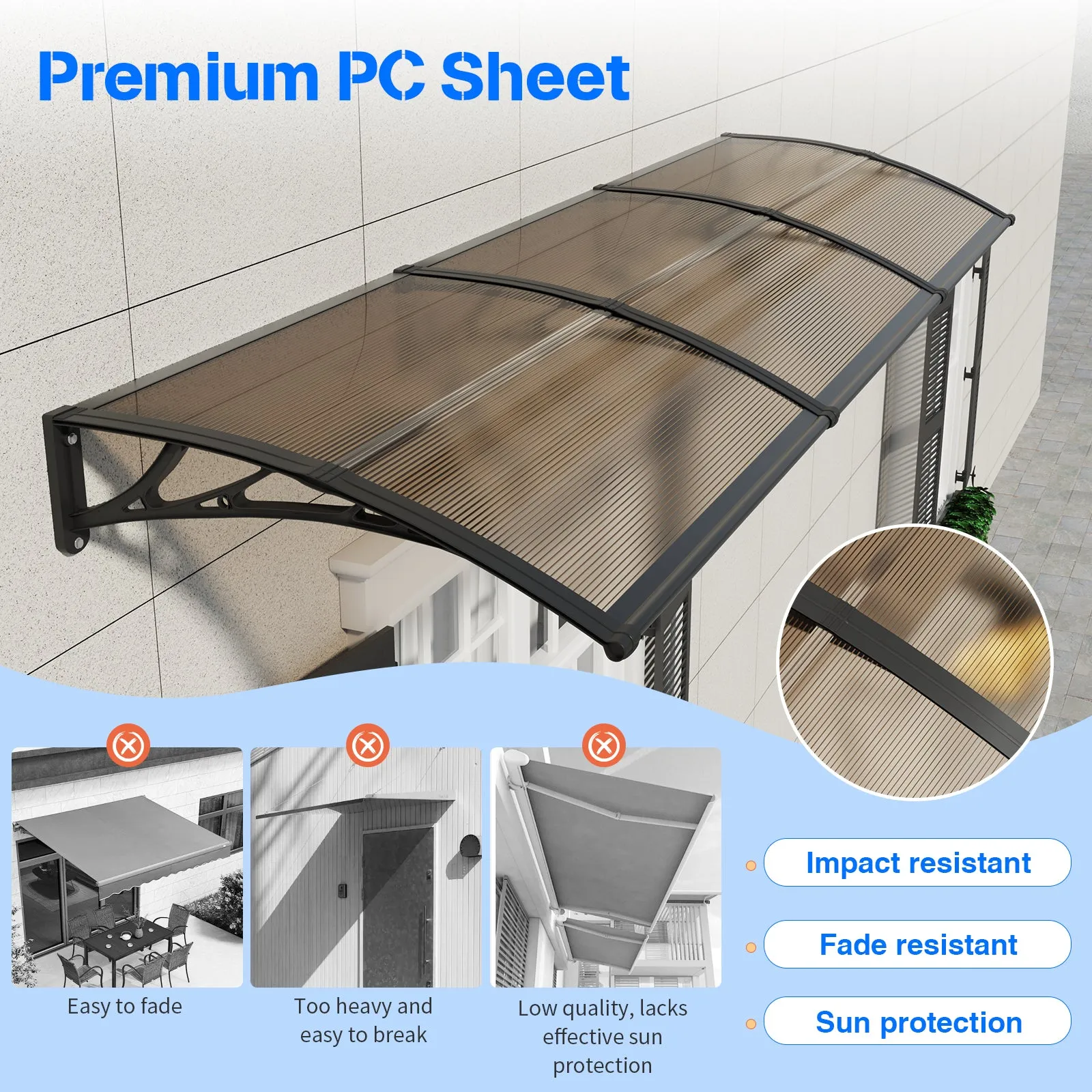 Dawninghome Polycarbonate Window Door Awning Canopy 32x120 inches 80x300cm