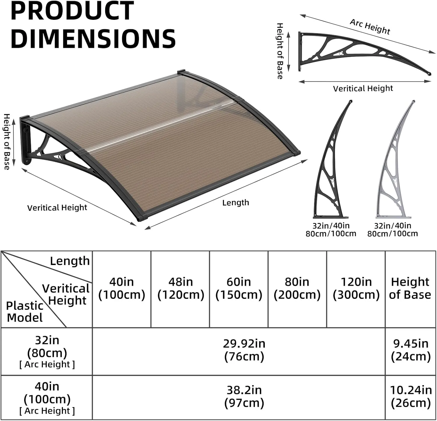 Dawninghome Window Door Awning Canopy, UPF 50  Polycarbonate Entry Door Outdoor Window Awning Exterior, Front Door Overhang Awning Hollow Sheet