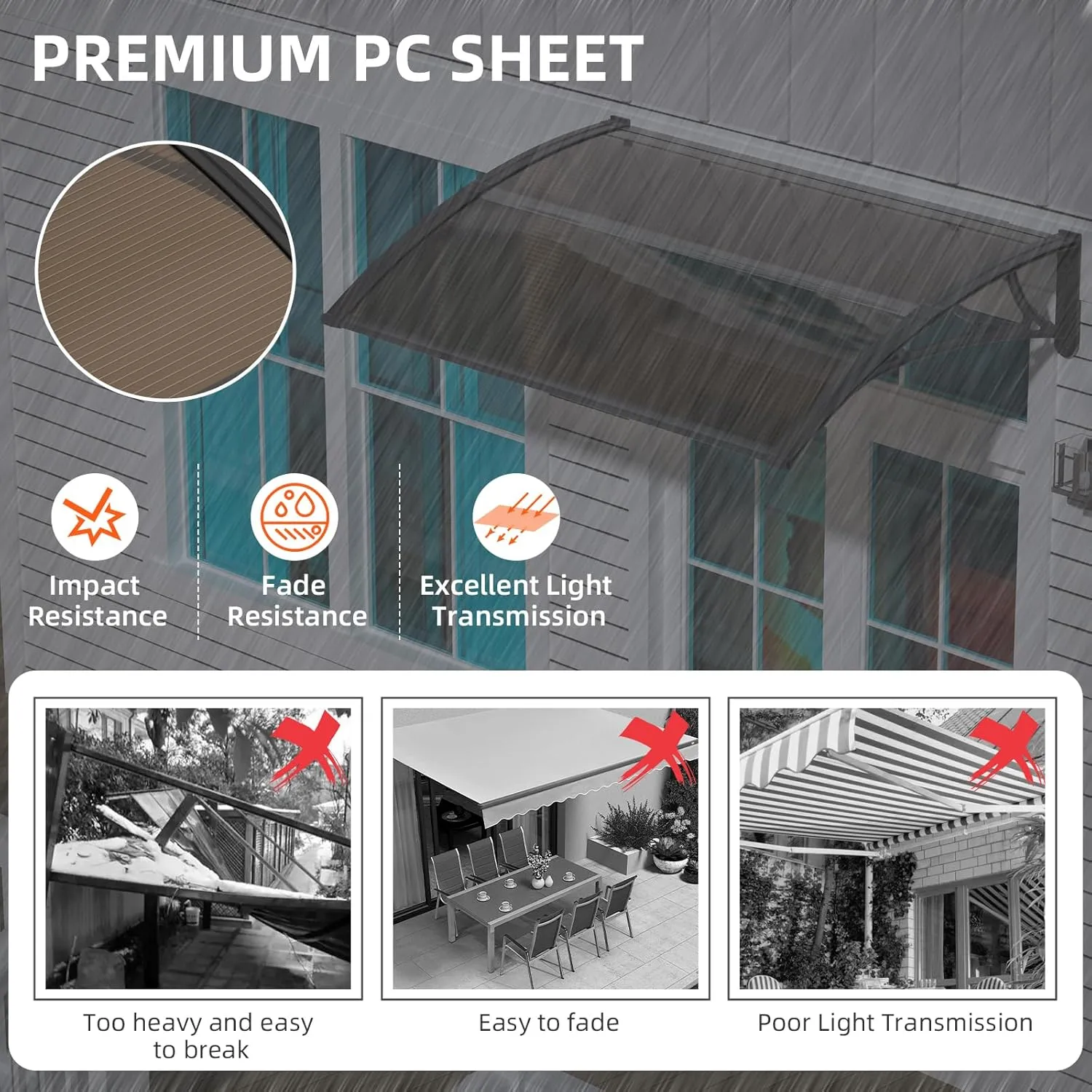 Dawninghome Window Door Awning Canopy, UPF 50  Polycarbonate Entry Door Outdoor Window Awning Exterior, Front Door Overhang Awning Hollow Sheet