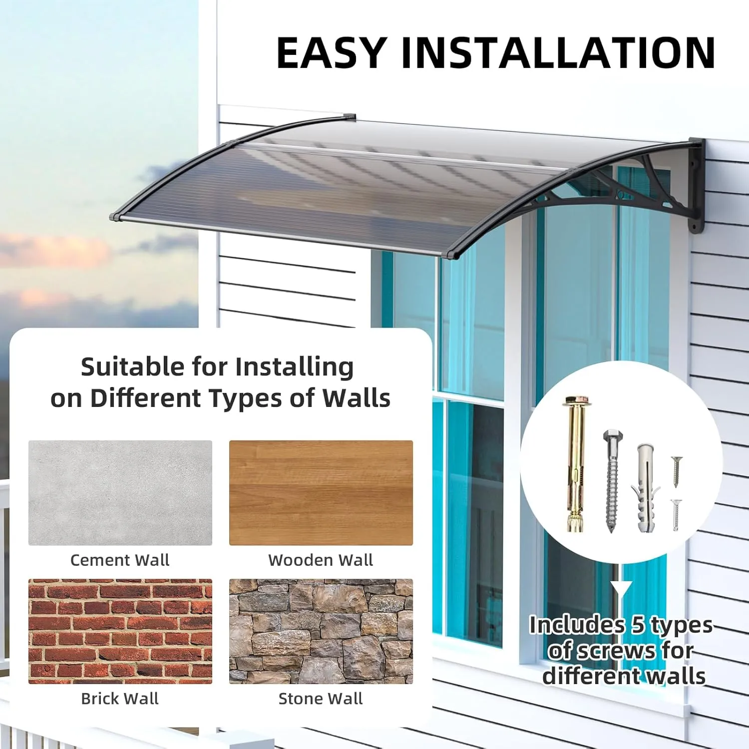 Dawninghome Window Door Awning Canopy, UPF 50  Polycarbonate Entry Door Outdoor Window Awning Exterior, Front Door Overhang Awning Hollow Sheet