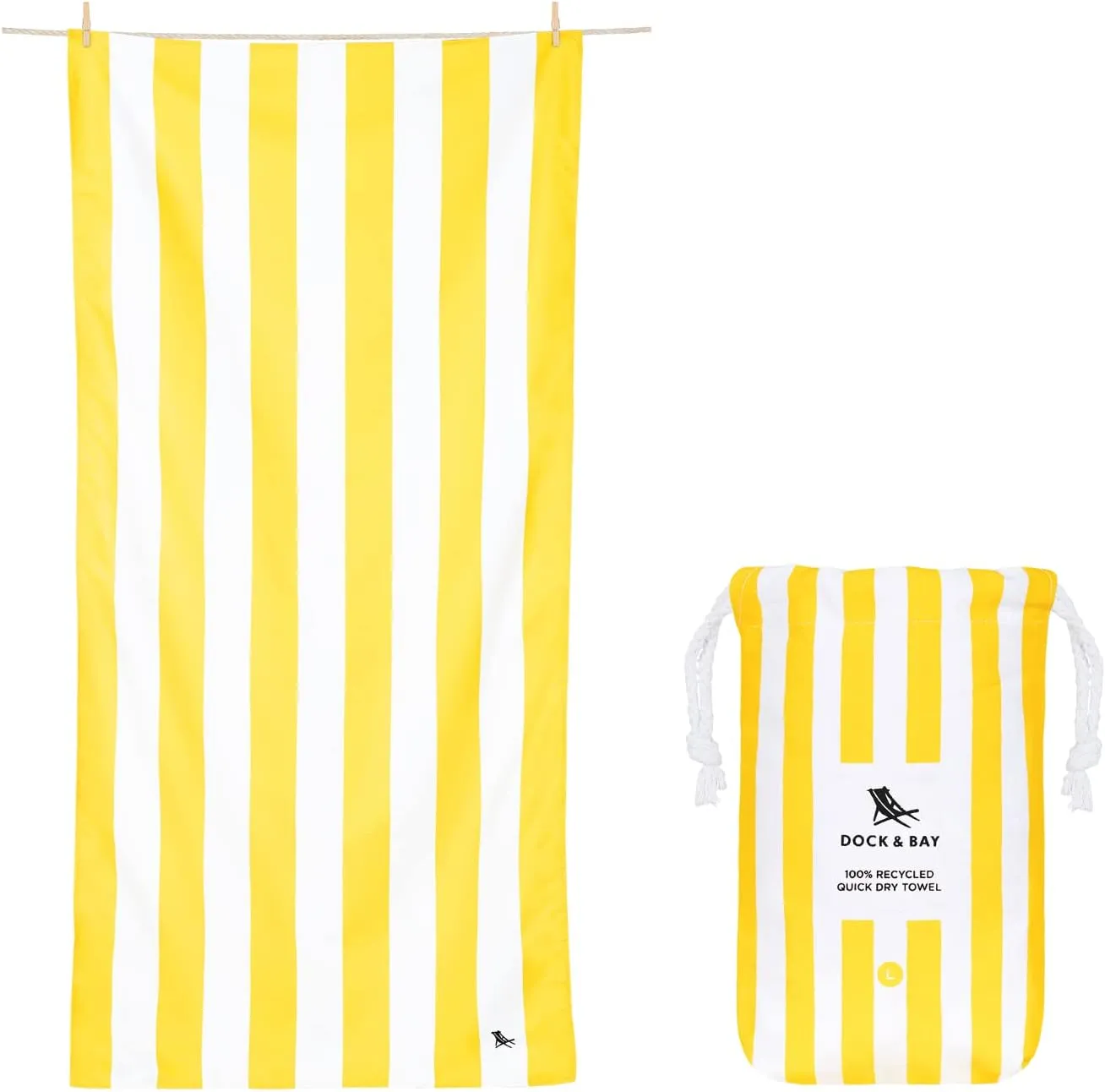 Dock & Bay Beach Towel - Quick Dry, Sand Free - Compact, Lightweight - 100% Recycled - Includes Bag - Cabana - Boracay Yellow - Large (160x90cm, 63x35)