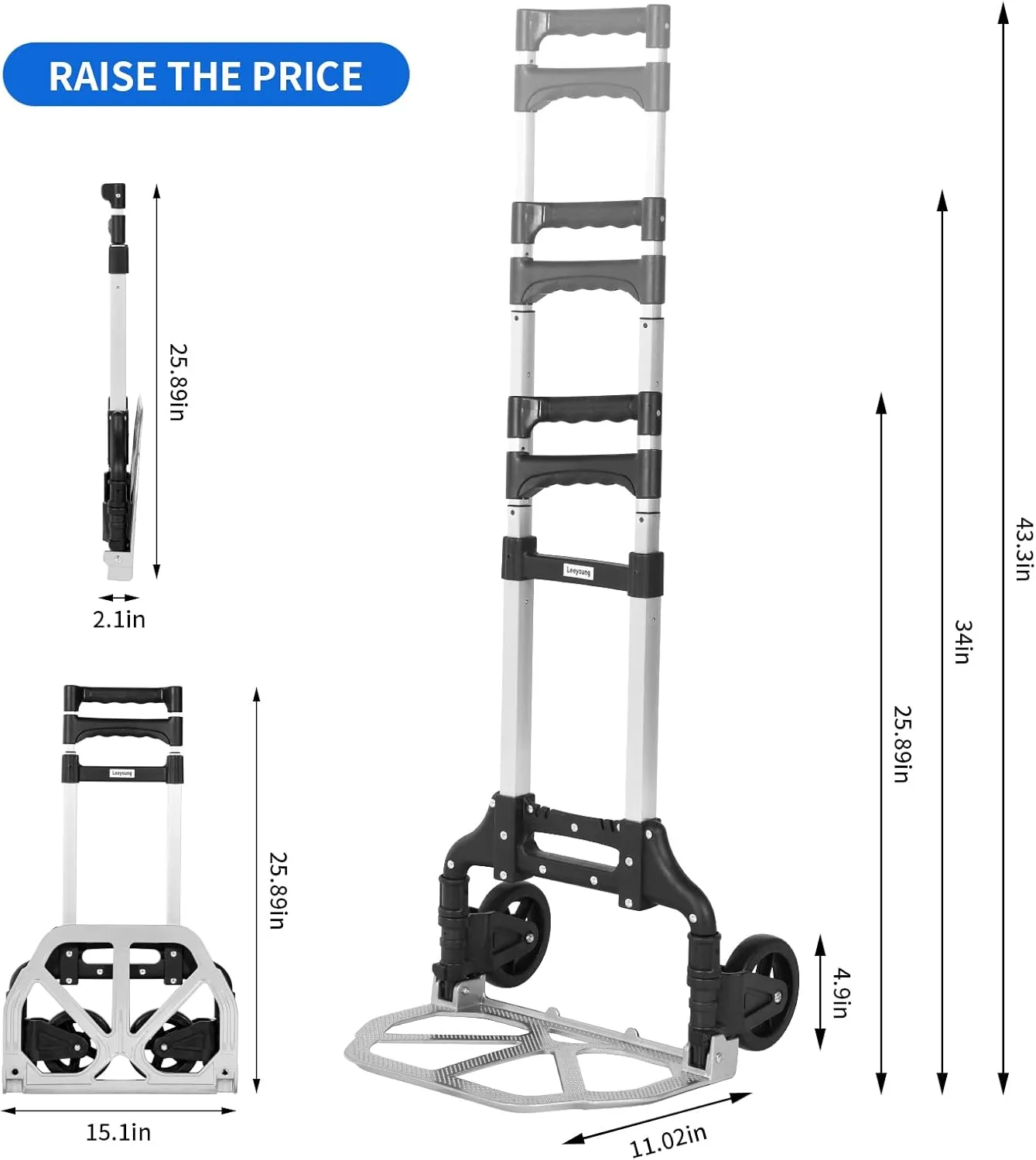 Dolly Cart Extended Handle Foldable Hand Truck, Aluminum Moving Dolly, 175 lb Capacity and 43.31" Long Telescoping Handle for Indoor Outdoor Moving Travel.