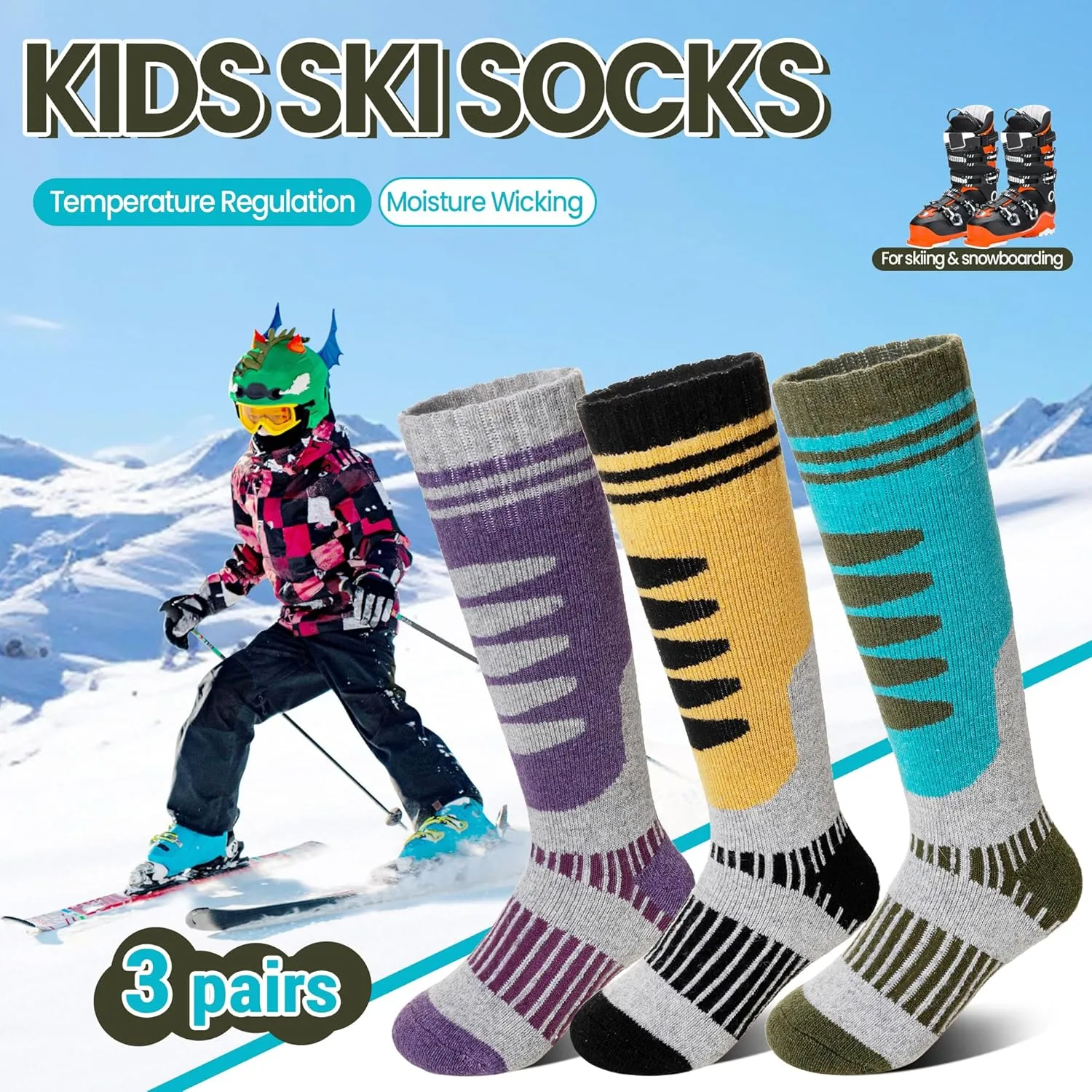 DoSmart Kids Merino Wool Ski Socks 3 Pairs Boys Girls Thermal Winter Thick Warm Cozy Boot Socks for Skiing Snowboarding