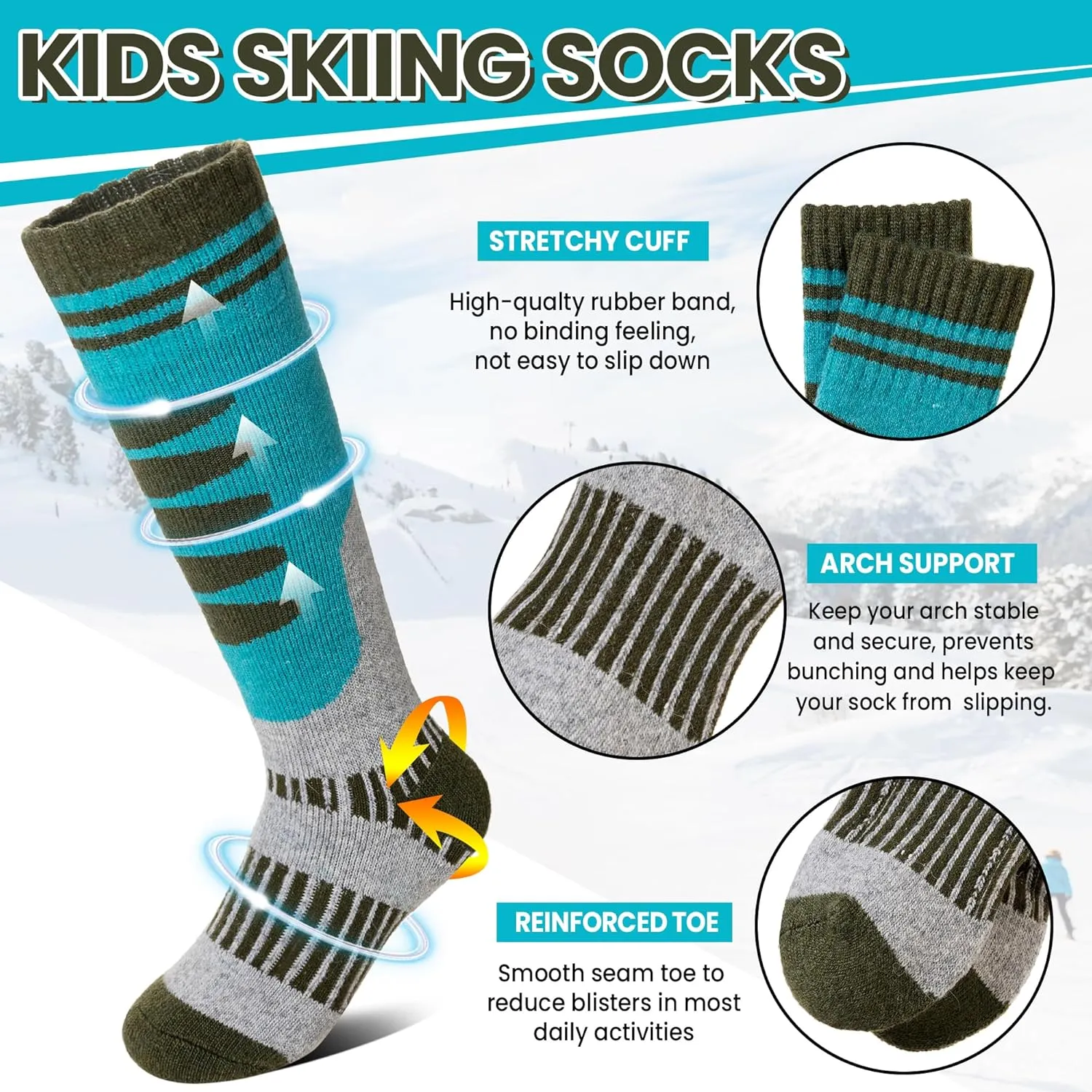 DoSmart Kids Merino Wool Ski Socks 3 Pairs Boys Girls Thermal Winter Thick Warm Cozy Boot Socks for Skiing Snowboarding