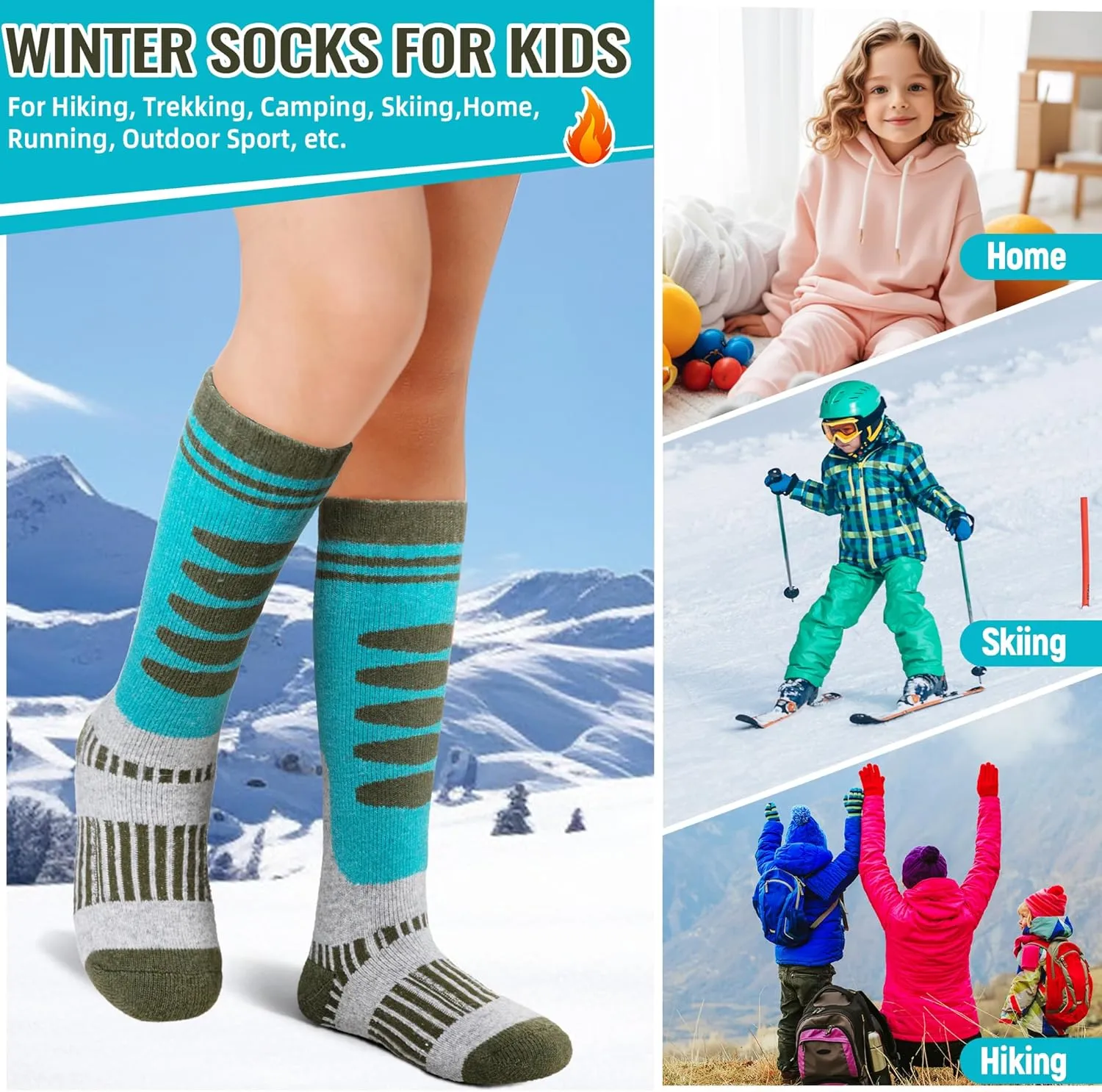 DoSmart Kids Merino Wool Ski Socks 3 Pairs Boys Girls Thermal Winter Thick Warm Cozy Boot Socks for Skiing Snowboarding