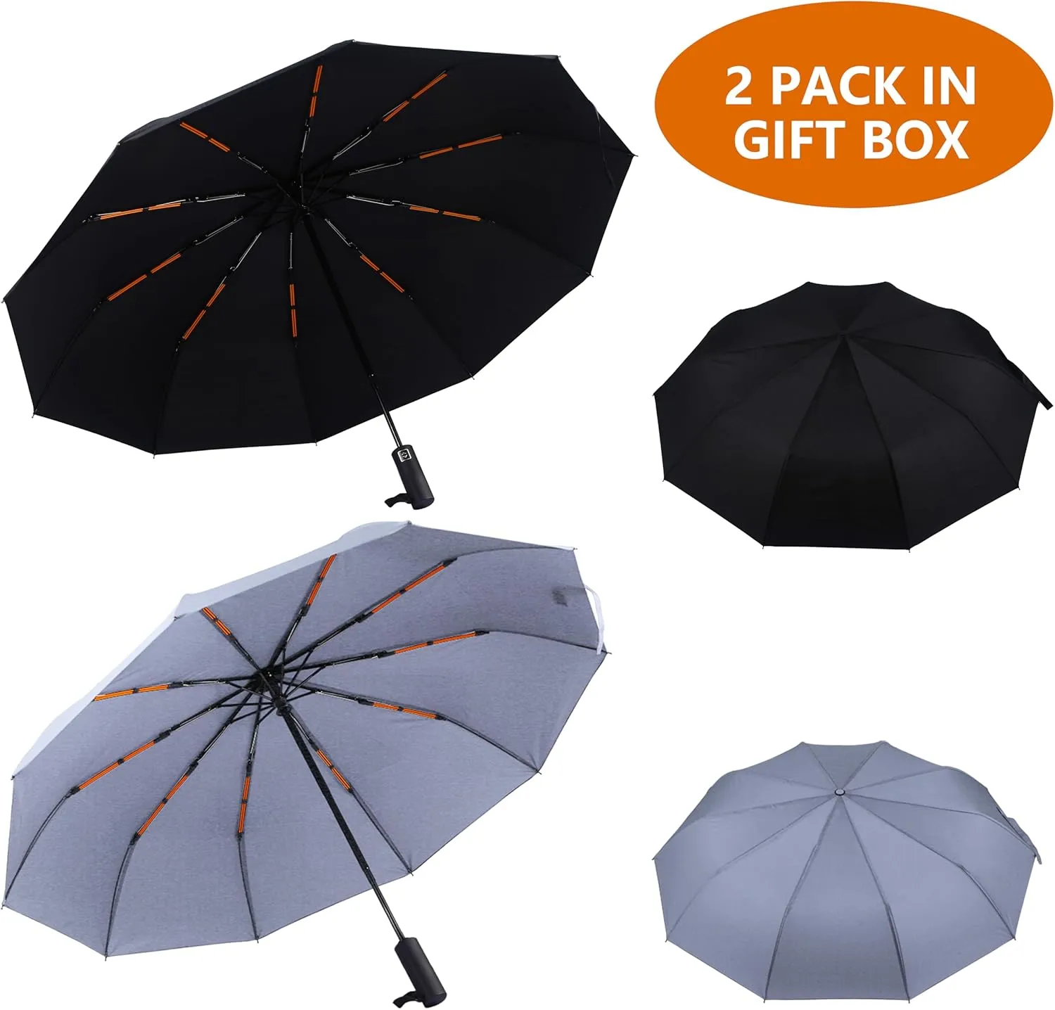 Double 10-Rib 46 Inch Compact Travel Umbrella for Rain - Sturdy Portable Windproof Umbrella - Small Automatic Folding Umbrella