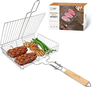 DOUBLE TWO - Stainless Steel Grill Basket, Grilling Baskets for Outdoor Grill, for Meat, Fish, Vegetable, BBQ Accessory, With Height Adjustable Cover & Detachable Handle, Easy to use, 1Pcs