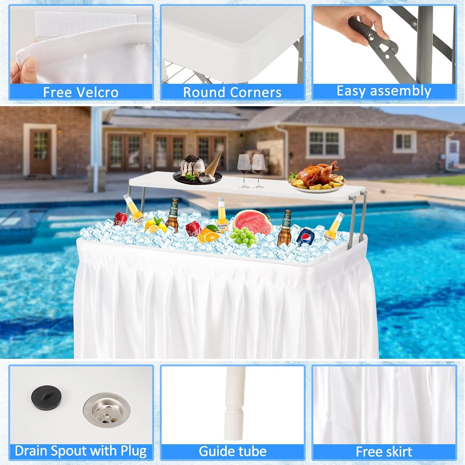 Dragosum Outdoor Ice Cooler Table with Drain and Shelf, Folding Table with Matching Skirt, Portable Table Coolers 4 Foot for Party BBQ Camping Wedding