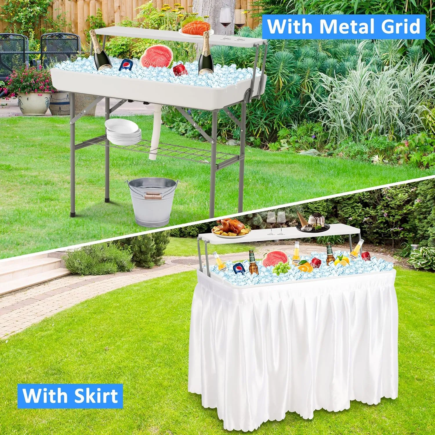 Dragosum Outdoor Ice Cooler Table with Drain and Shelf, Folding Table with Matching Skirt, Portable Table Coolers 4 Foot for Party BBQ Camping Wedding