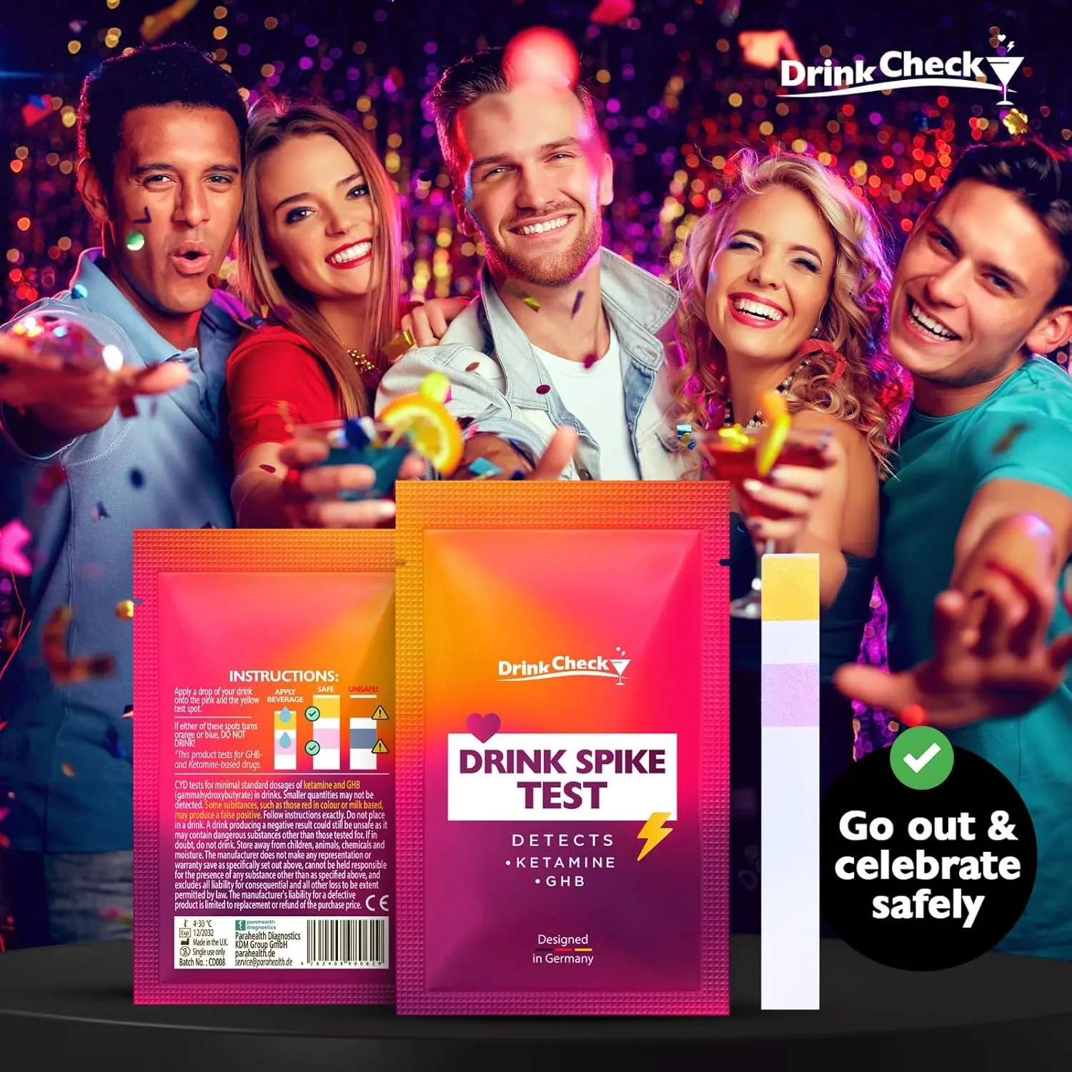 DrinkCheck Drink Safety Test Strips, 10 Tests – Detect Harmful Substances in Seconds – Portable Personal Security Kit for Clubs and Parties – Compliant with California Law