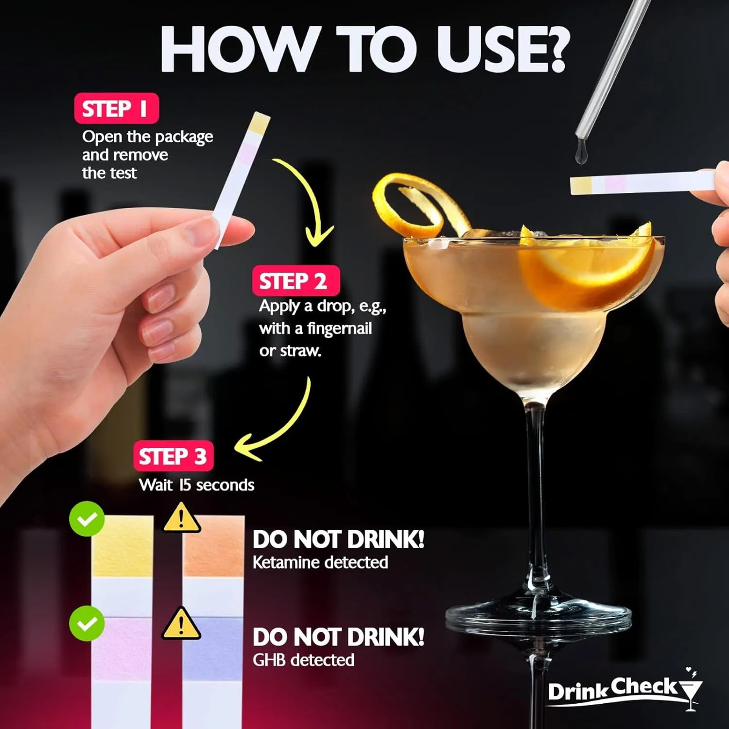 DrinkCheck Drink Safety Test Strips, 10 Tests – Detect Harmful Substances in Seconds – Portable Personal Security Kit for Clubs and Parties – Compliant with California Law