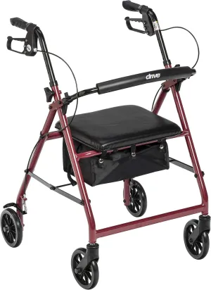 Drive Medical Aluminum Rollator Walker Fold Up and Removable Back Support, Padded Seat, 6" Wheels, Red