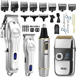 DSP 4-in-1 Pro Barber Kit: Cordless Hair Clipper, Trimmer, Shaver & Nose Hair Remover - Styling & Grooming Set with Scissors, Fade Tools, LED Display