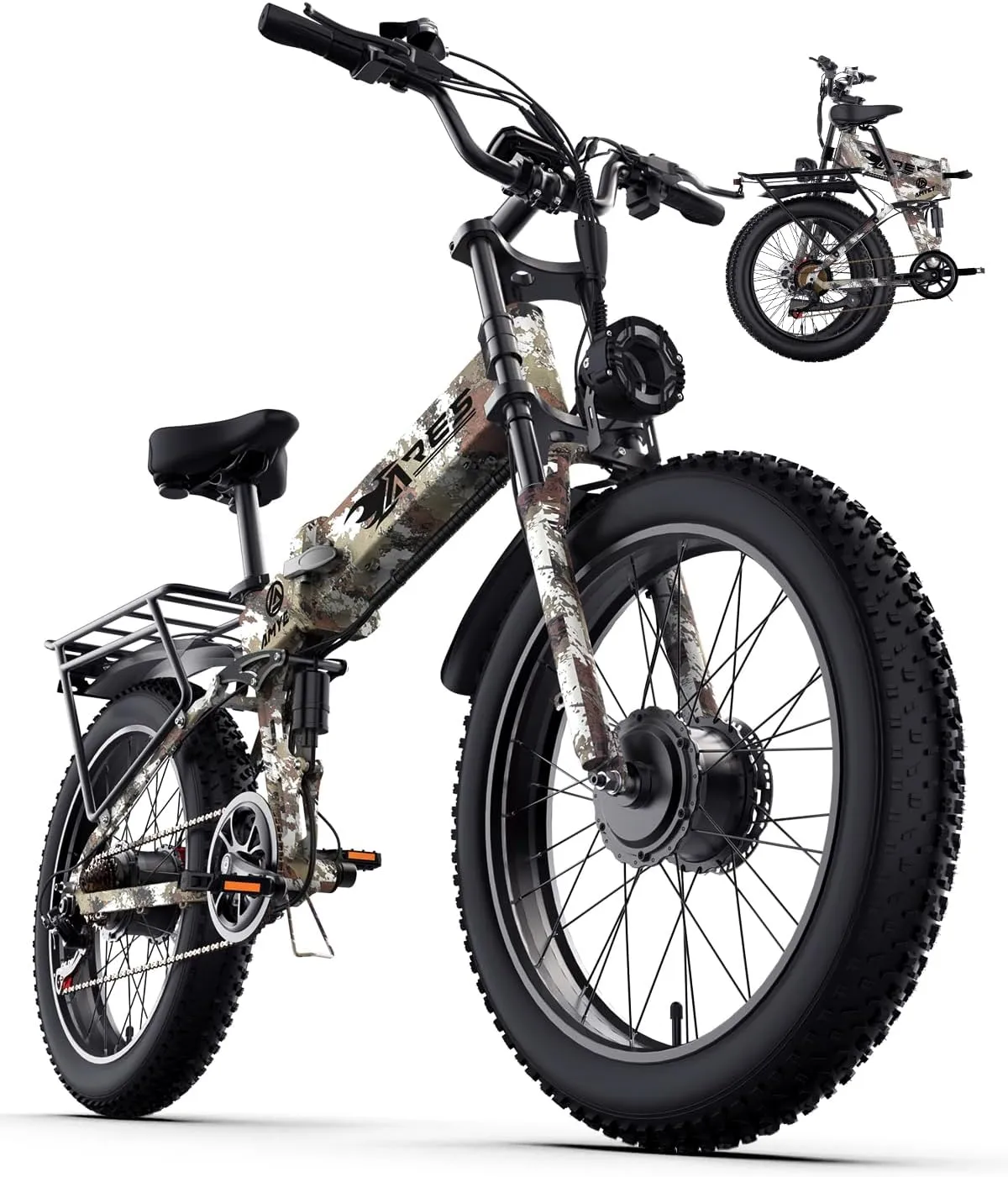 Dual Motor Folding Electric Bike Adults 3000W Peak | 52V 25AH Removable Battery | 24" Fat Tire Mountain Ebike | 32mph 7 Speed Gears | Adjustable Seat & Suspension | Commuter Electric Bicycle