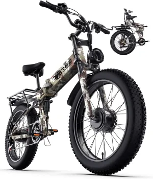 Dual Motor Folding Electric Bike Adults 3000W Peak | 52V 25AH Removable Battery | 24" Fat Tire Mountain Ebike | 32mph 7 Speed Gears | Adjustable Seat & Suspension | Commuter Electric Bicycle