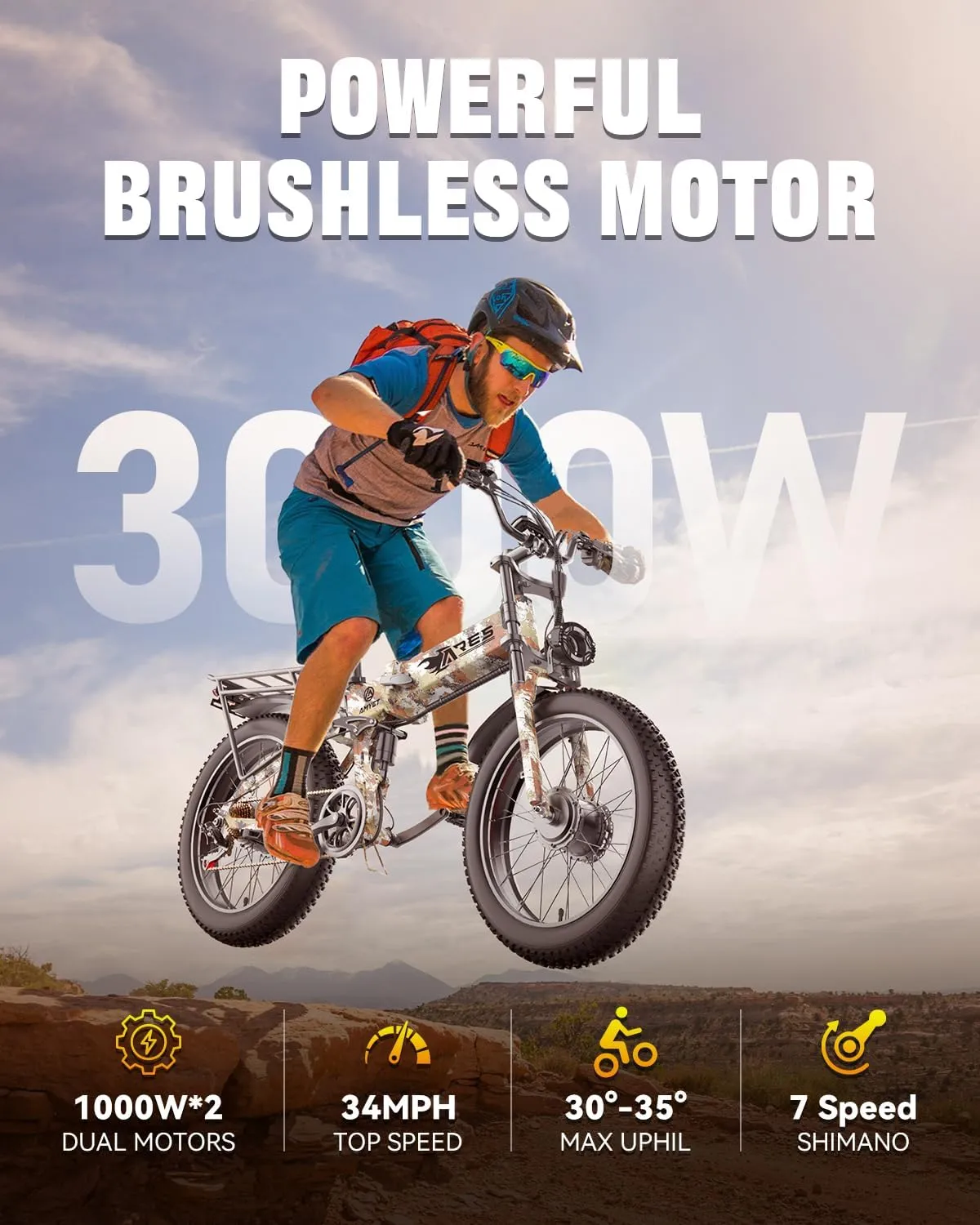 Dual Motor Folding Electric Bike Adults 3000W Peak | 52V 25AH Removable Battery | 24" Fat Tire Mountain Ebike | 32mph 7 Speed Gears | Adjustable Seat & Suspension | Commuter Electric Bicycle