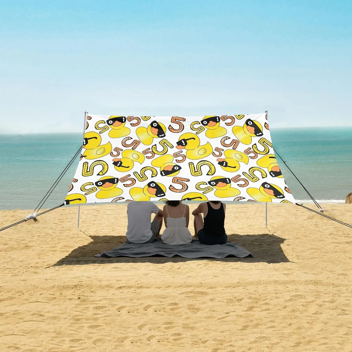 Duck Cute Yellow Animal Beach Canopy Tent Anti-UV & Wind Resistant, Camping Sun Shelter Easy Setup Portable,Outdoor Shade Tents with Sandbags,Sand Shovels,Ground Pegs & Stability Poles