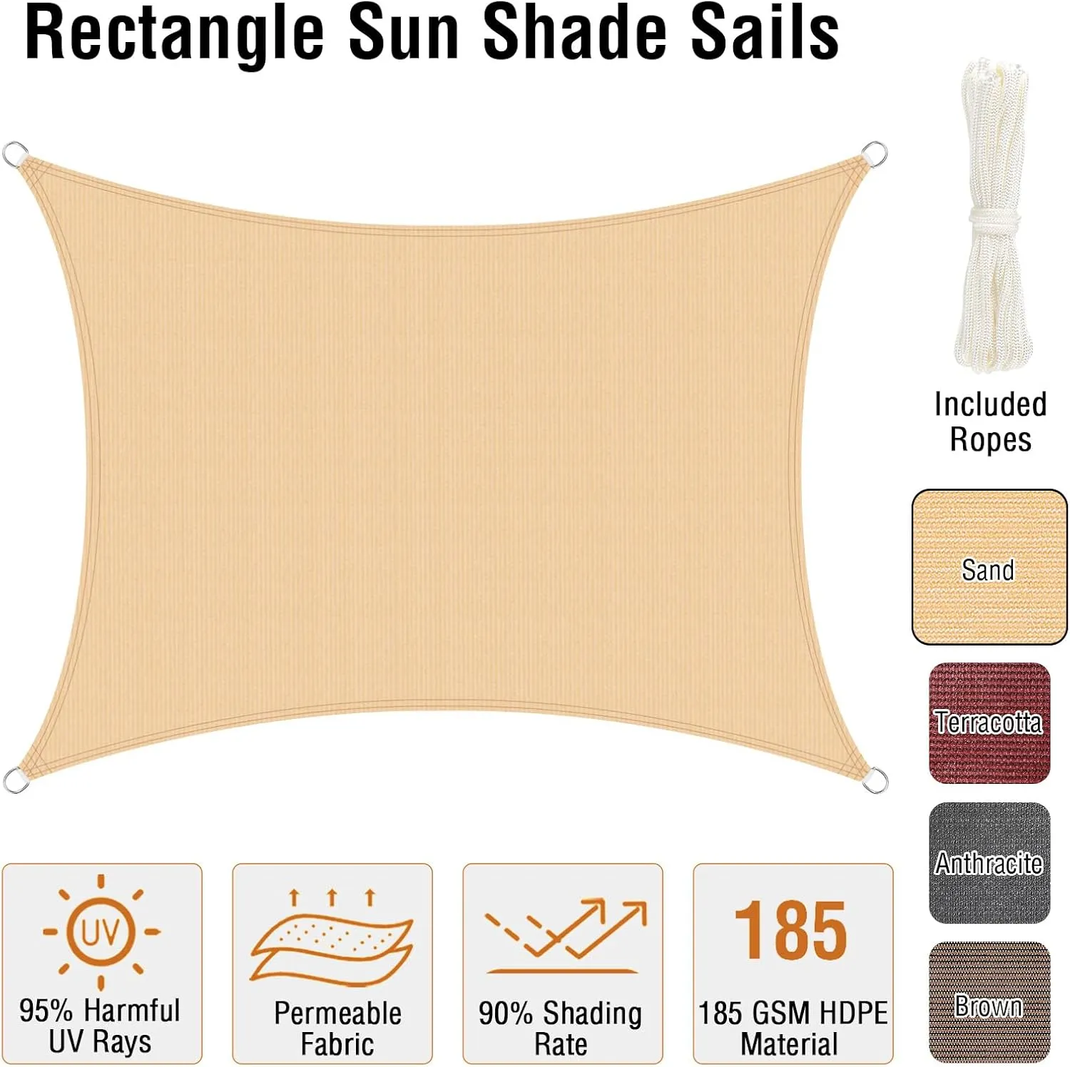 Duerer Sun Shade Sail Canopy 20' x 16' Rectangle, 95% UV Block, Permeable 185GSM Sail Shade Cover for Patio, Garden, Pergola, Backyard, Outdoor Facility & Activities -Sand