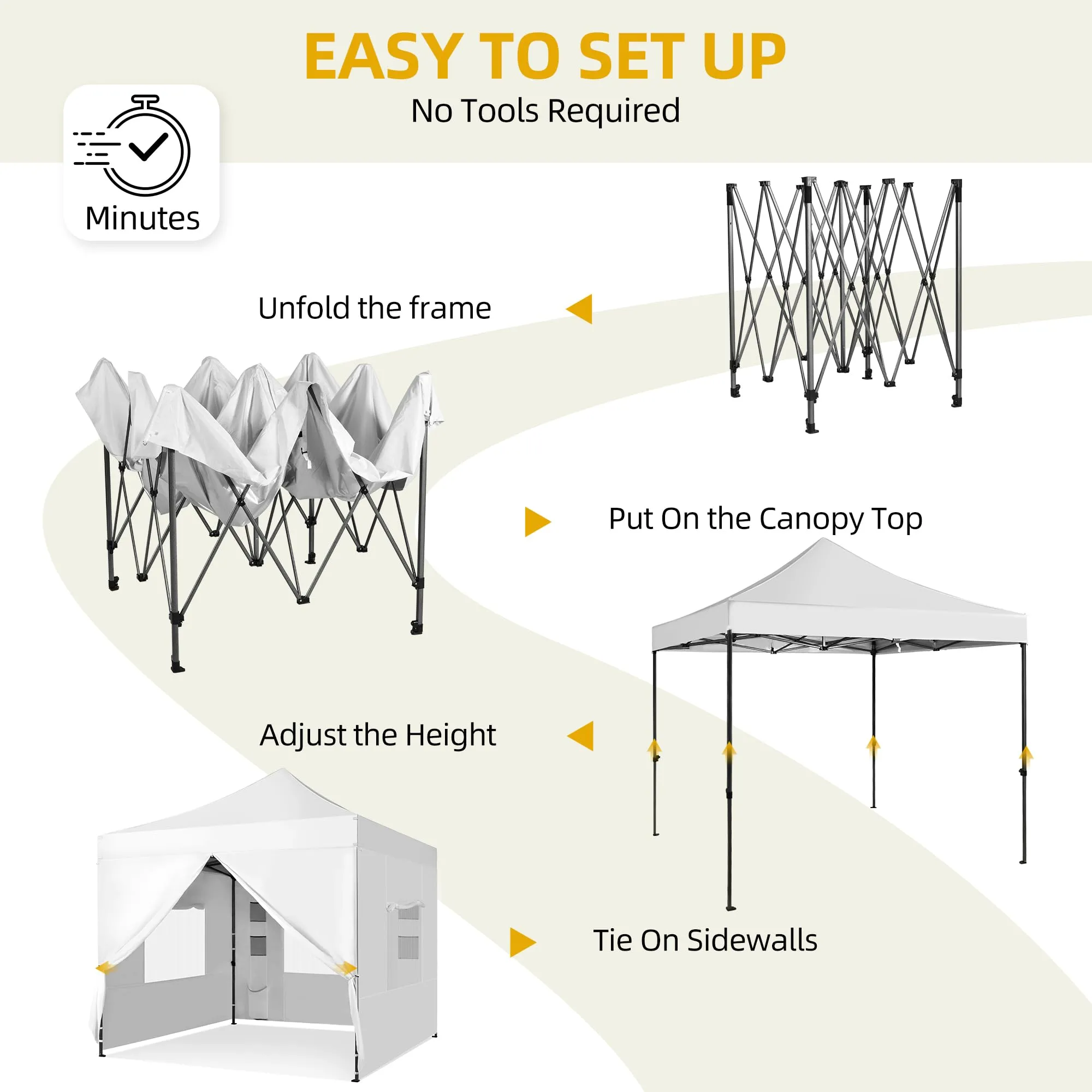 DWVO 10x10 Pop Up Heavy Duty Canopy Tent with 4 Removable Sidewall, 4 Ropes, 8 Stakes, 2 Blank Banners, 4 Sandbags & 1 Carry Bag with Wheel, Garden Gazebo Tent, Party, Exhibition, Commerce, White