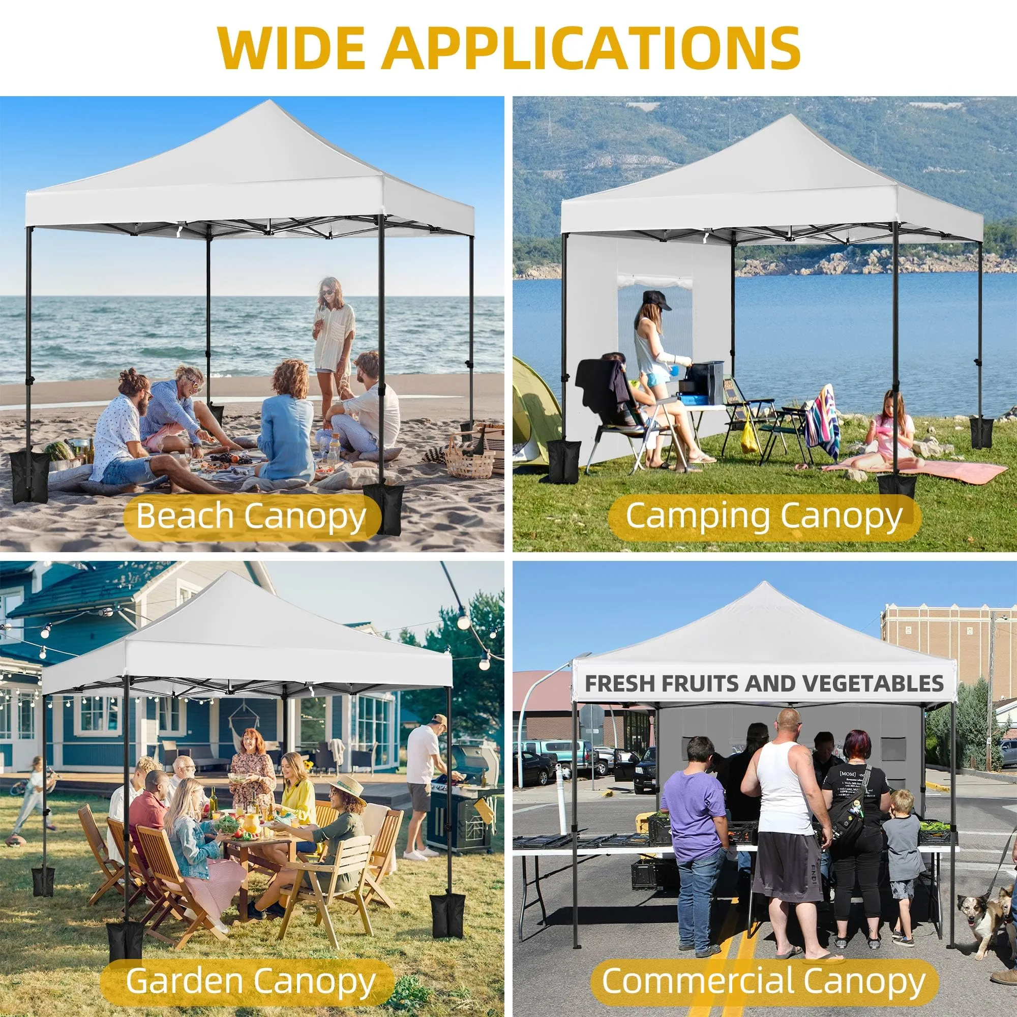 DWVO 10x10 Pop Up Heavy Duty Canopy Tent with 4 Removable Sidewall, 4 Ropes, 8 Stakes, 2 Blank Banners, 4 Sandbags & 1 Carry Bag with Wheel, Garden Gazebo Tent, Party, Exhibition, Commerce, White