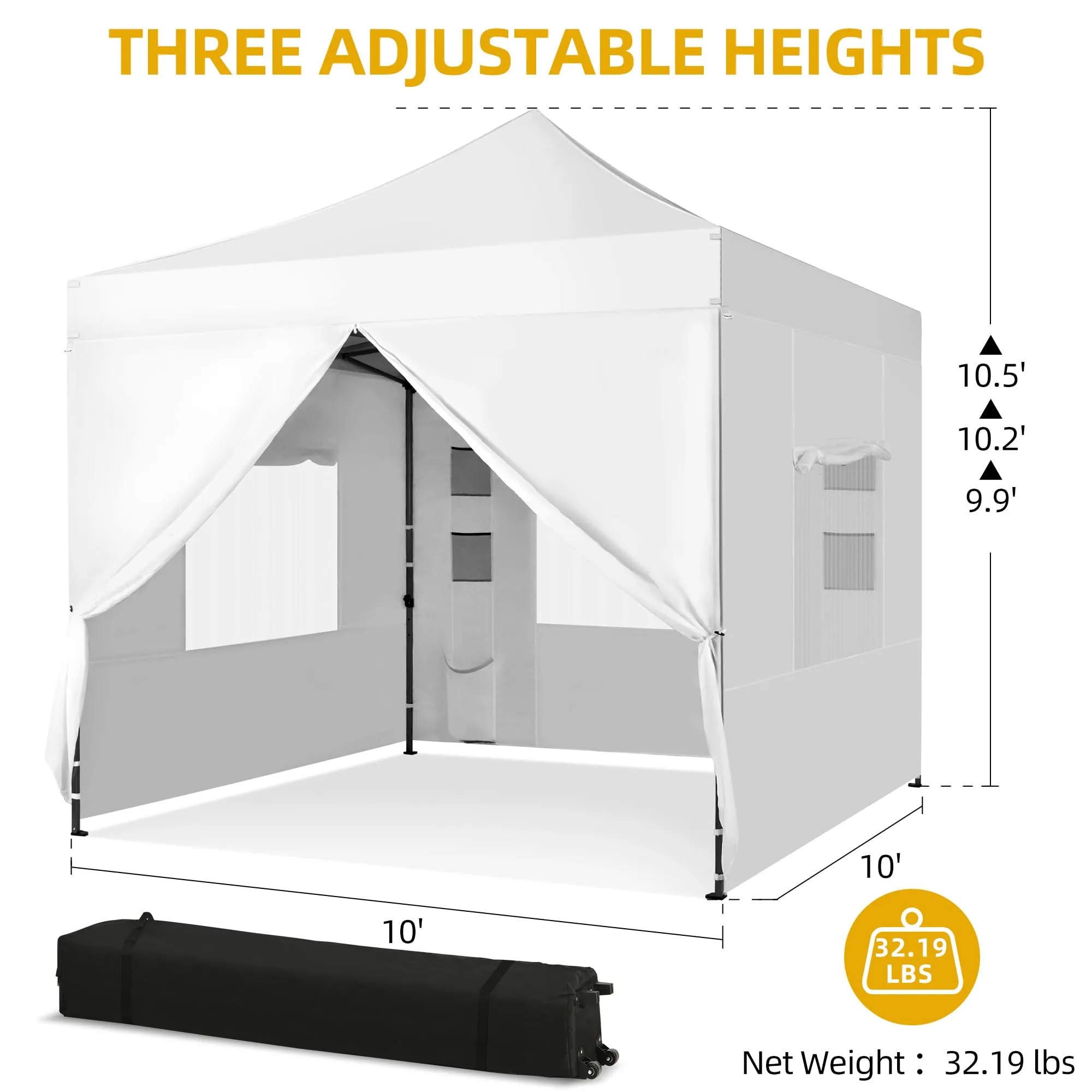 DWVO 10x10 Pop Up Heavy Duty Canopy Tent with 4 Removable Sidewall, 4 Ropes, 8 Stakes, 2 Blank Banners, 4 Sandbags & 1 Carry Bag with Wheel, Garden Gazebo Tent, Party, Exhibition, Commerce, White