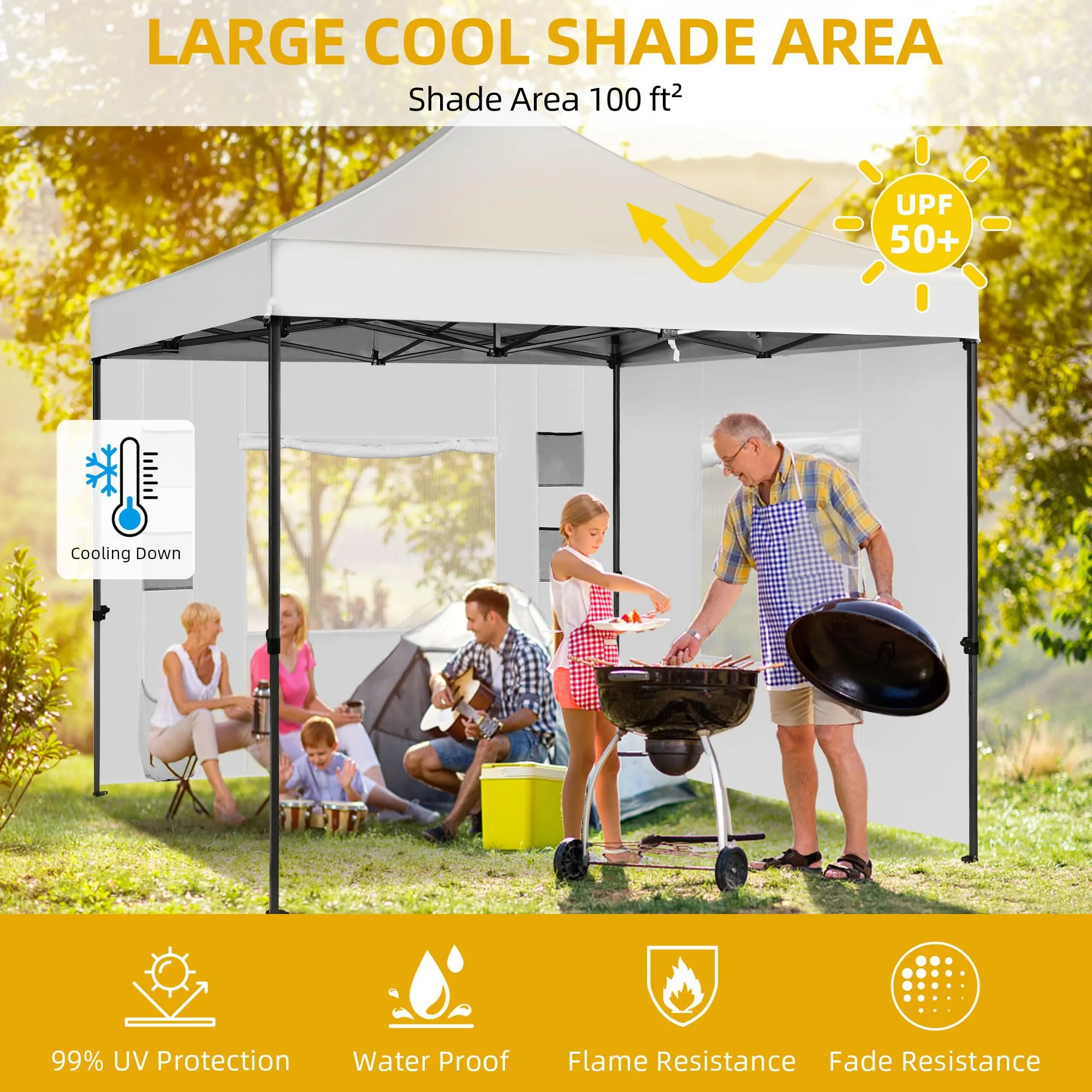 DWVO 10x10 Pop Up Heavy Duty Canopy Tent with 4 Removable Sidewall, 4 Ropes, 8 Stakes, 2 Blank Banners, 4 Sandbags & 1 Carry Bag with Wheel, Garden Gazebo Tent, Party, Exhibition, Commerce, White