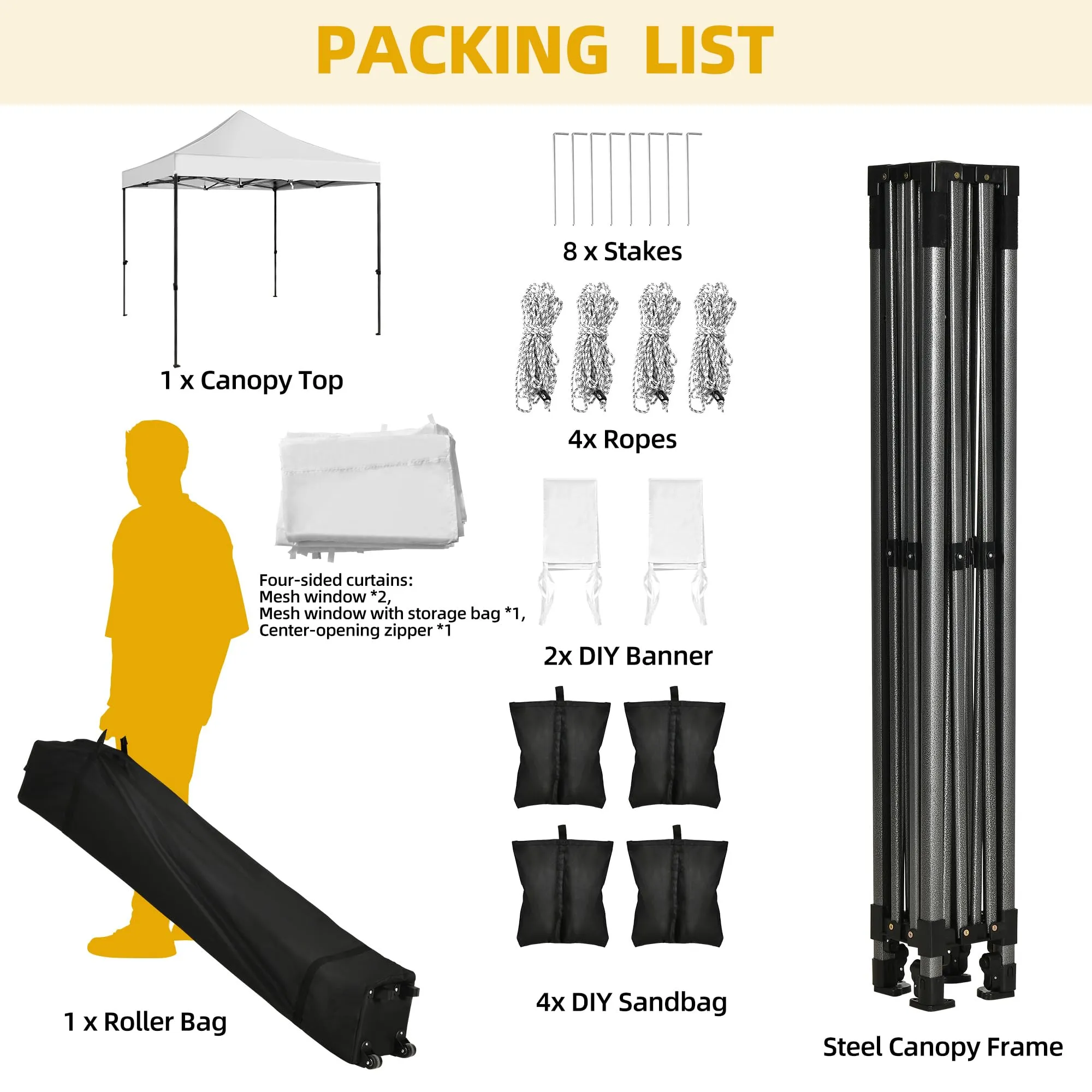 DWVO 10x10 Pop Up Heavy Duty Canopy Tent with 4 Removable Sidewall, 4 Ropes, 8 Stakes, 2 Blank Banners, 4 Sandbags & 1 Carry Bag with Wheel, Garden Gazebo Tent, Party, Exhibition, Commerce, White