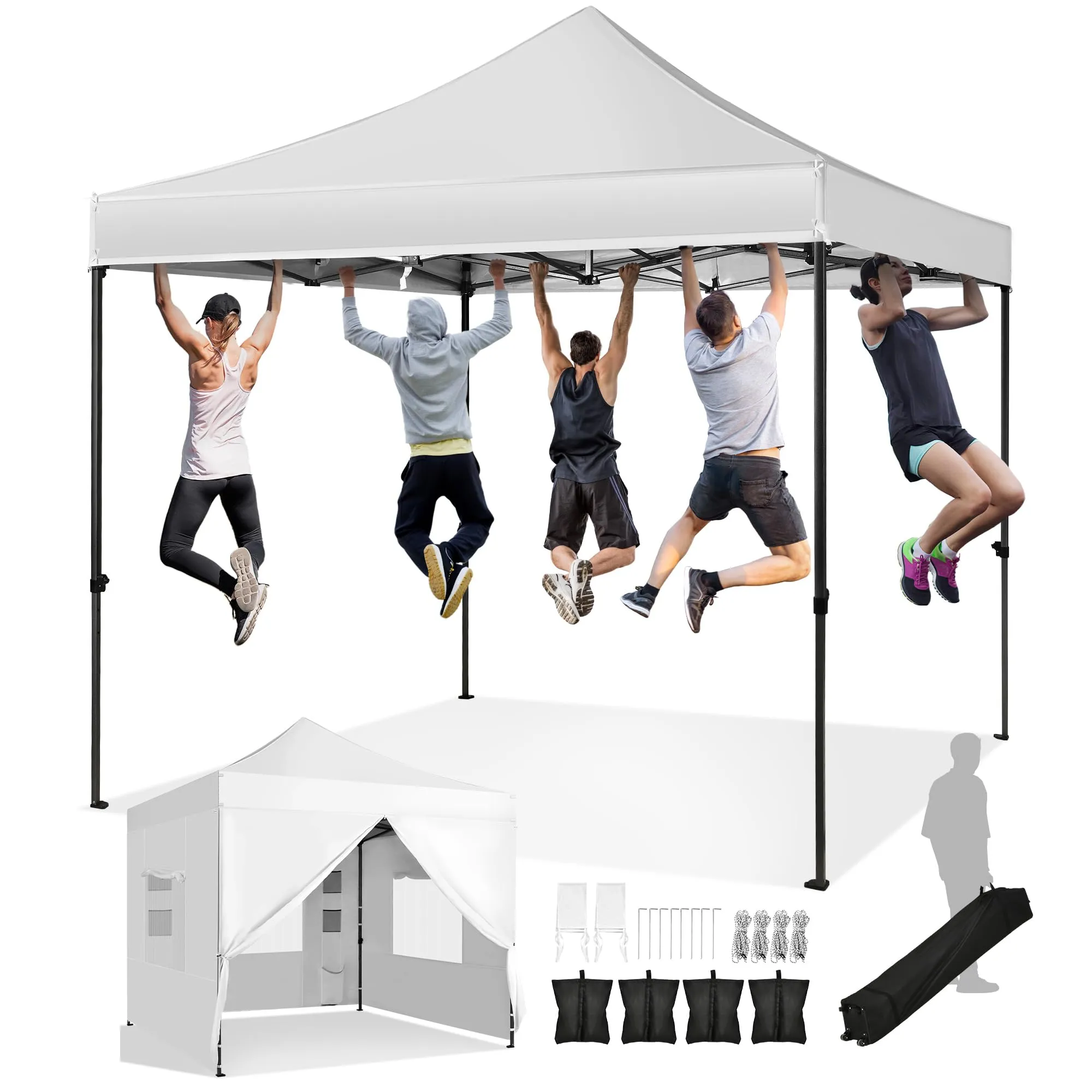 DWVO 10x10 Pop Up Heavy Duty Canopy Tent with 4 Removable Sidewall, 4 Ropes, 8 Stakes, 2 Blank Banners, 4 Sandbags & 1 Carry Bag with Wheel, Garden Gazebo Tent, Party, Exhibition, Commerce, White