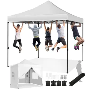DWVO 10x10 Pop Up Heavy Duty Canopy Tent with 4 Removable Sidewall, 4 Ropes, 8 Stakes, 2 Blank Banners, 4 Sandbags & 1 Carry Bag with Wheel, Garden Gazebo Tent, Party, Exhibition, Commerce, White